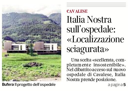 Cavalese, nuovo ospedale: Italia Nostra “localizzazione sciagurata”