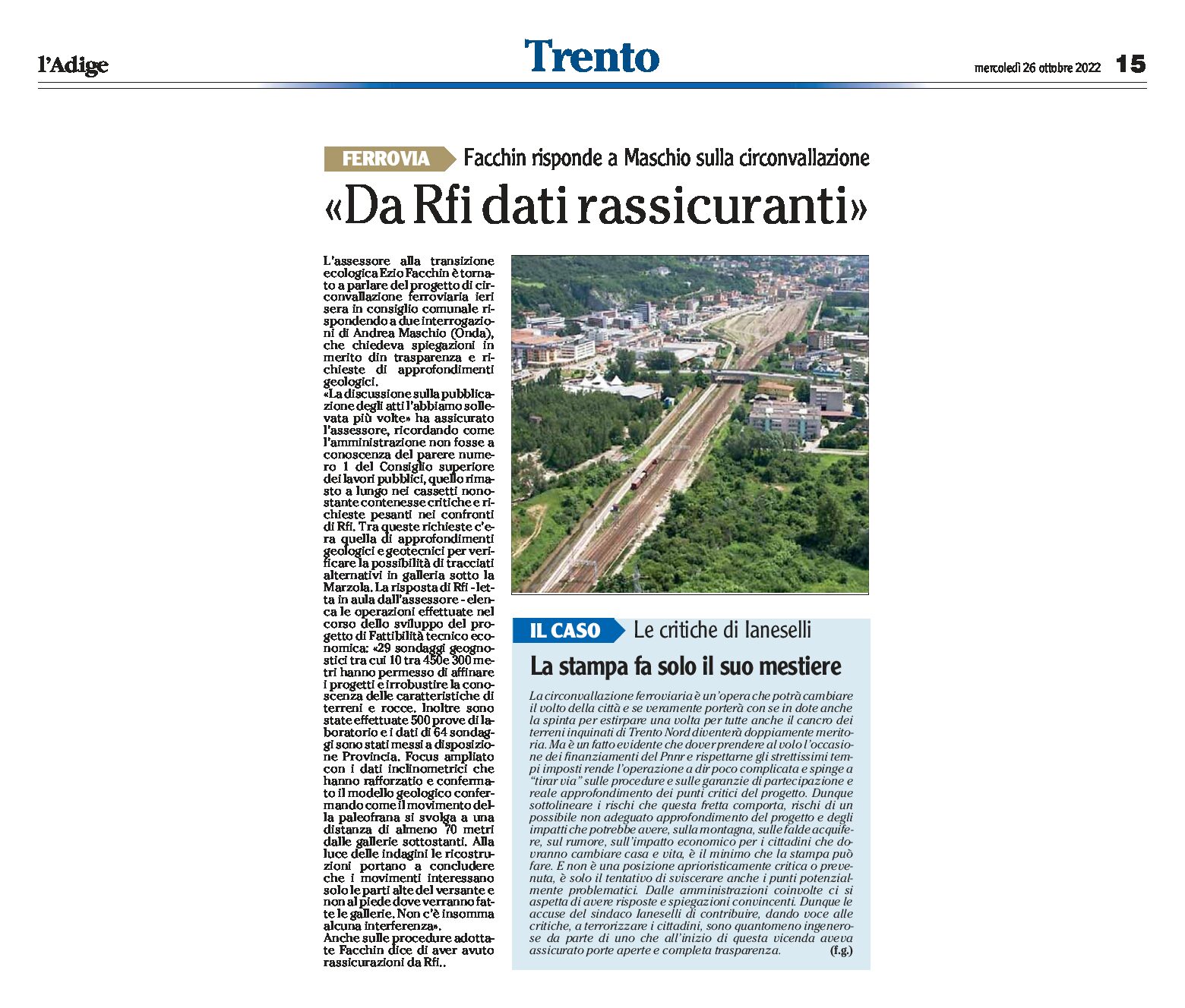 Trento, circonvallazione: Facchin risponde a Maschio, da Rfi dati rassicuranti
