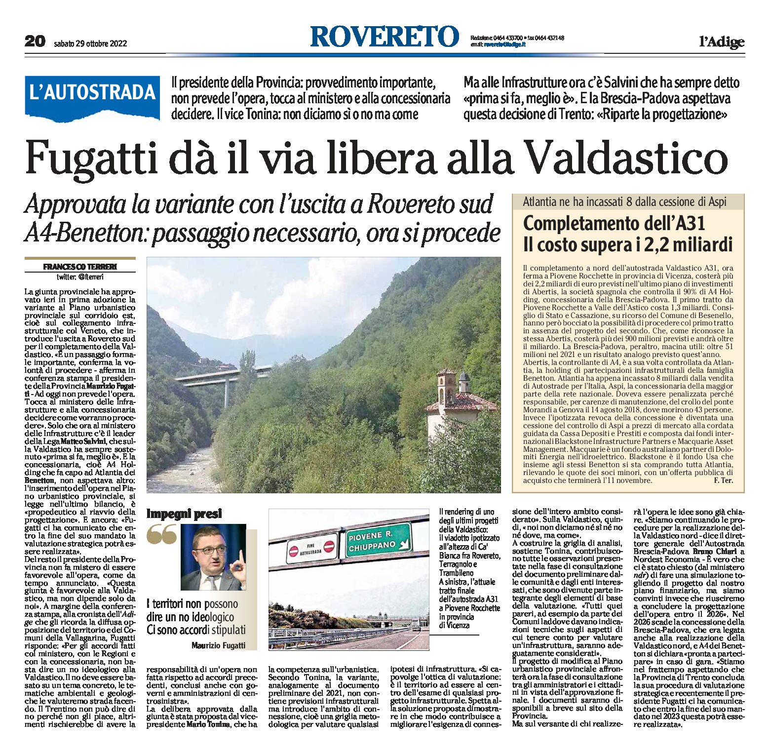 Valdastico: Fugatti dà il via libera, con uscita a Rovereto sud