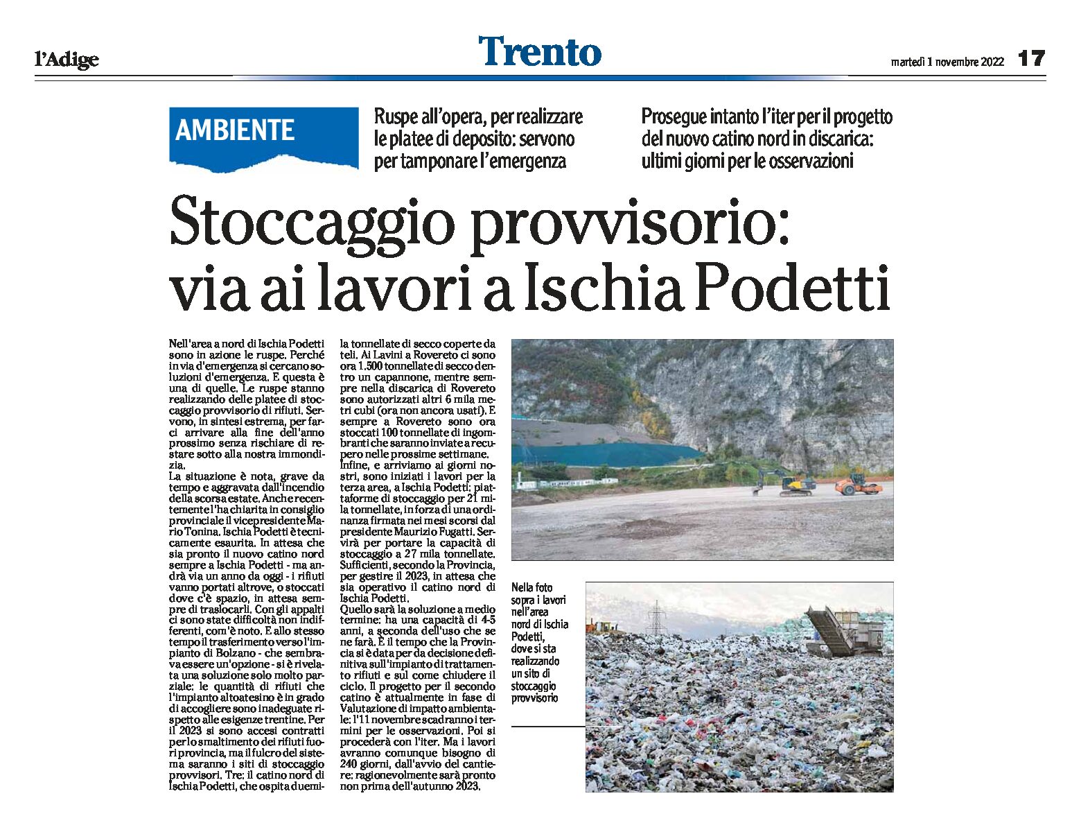 Trentino, rifiuti: via ai lavori a Ischia Podetti per uno stoccaggio provvisorio