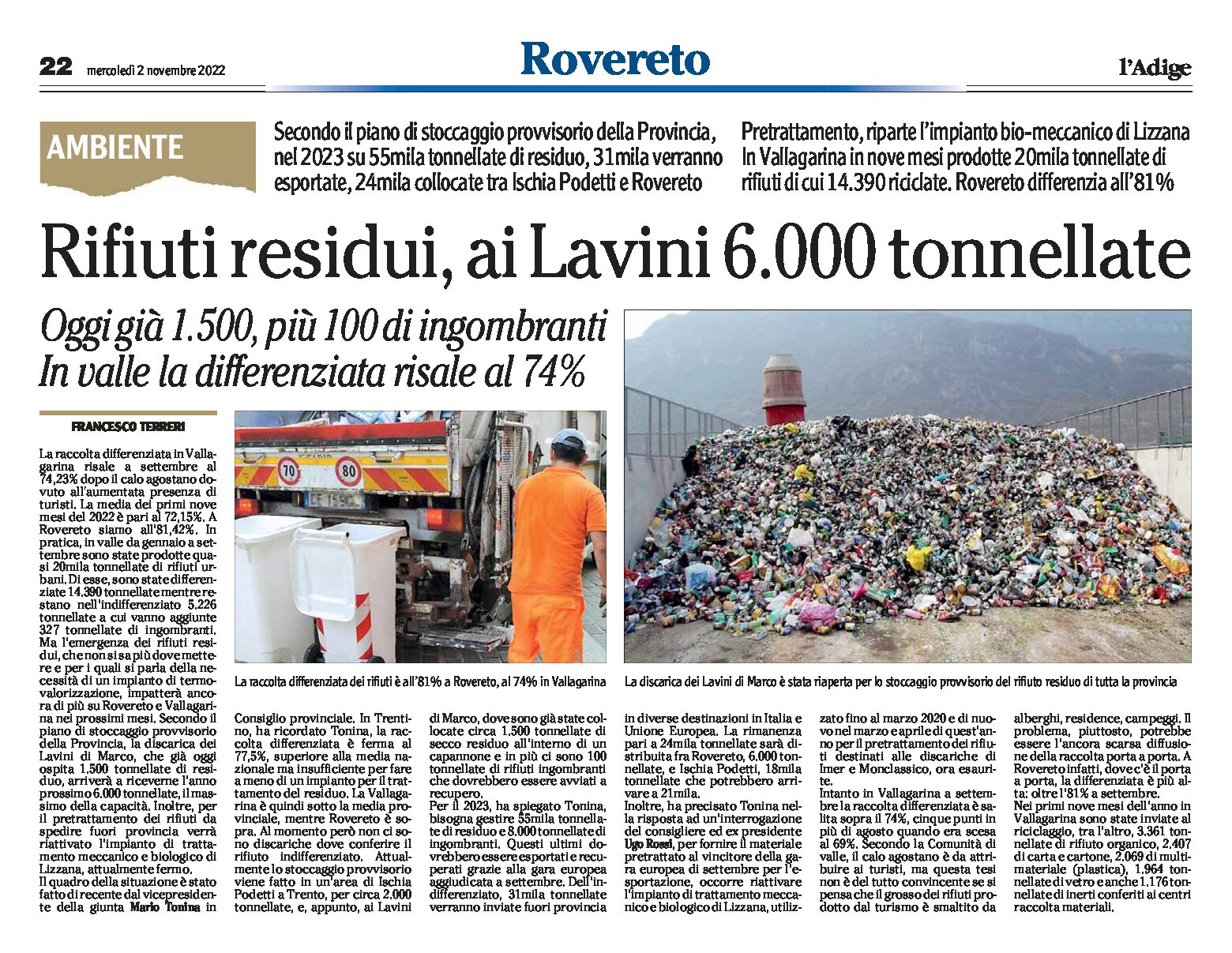Rifiuti residui: ai Lavini 6.000 tonnellate