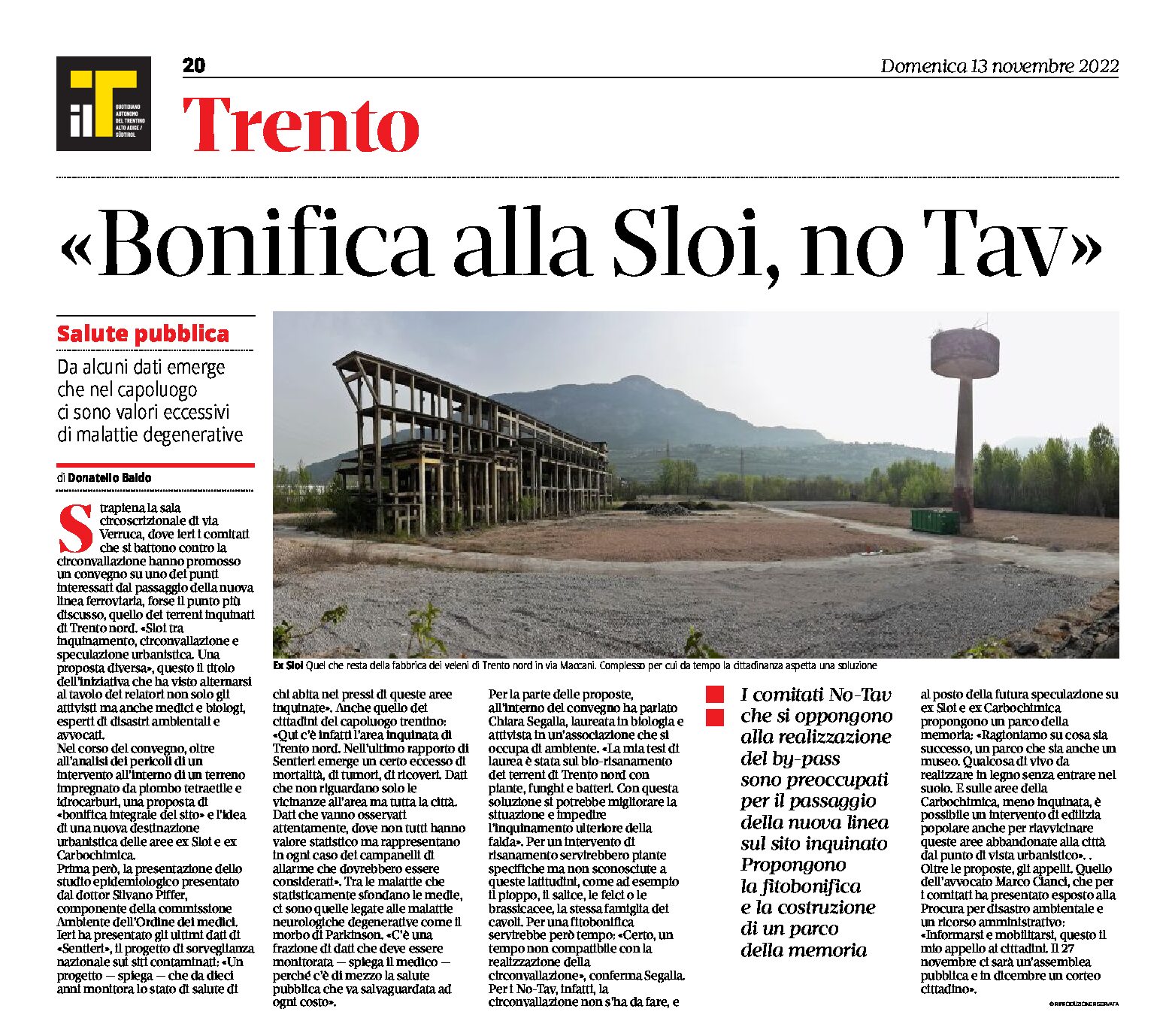 Trento, ex Sloi: i  comitati no Tav propongono la fitobonifica e un parco
