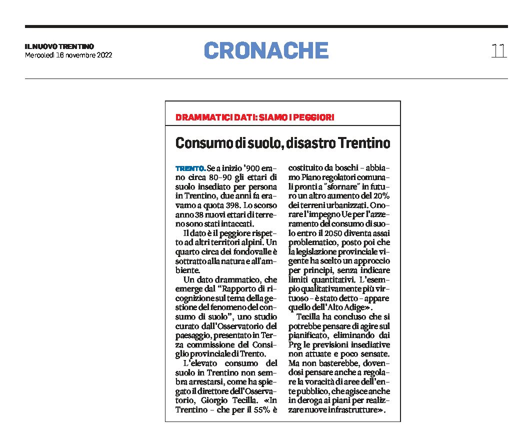 Consumo di suolo: disastro Trentino
