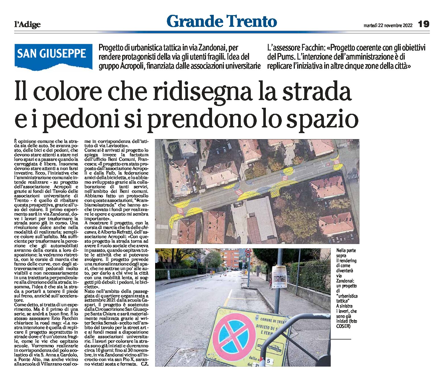 Trento: progetto di urbanistica tattica in via Zandonai. Il colore ridisegna la strada