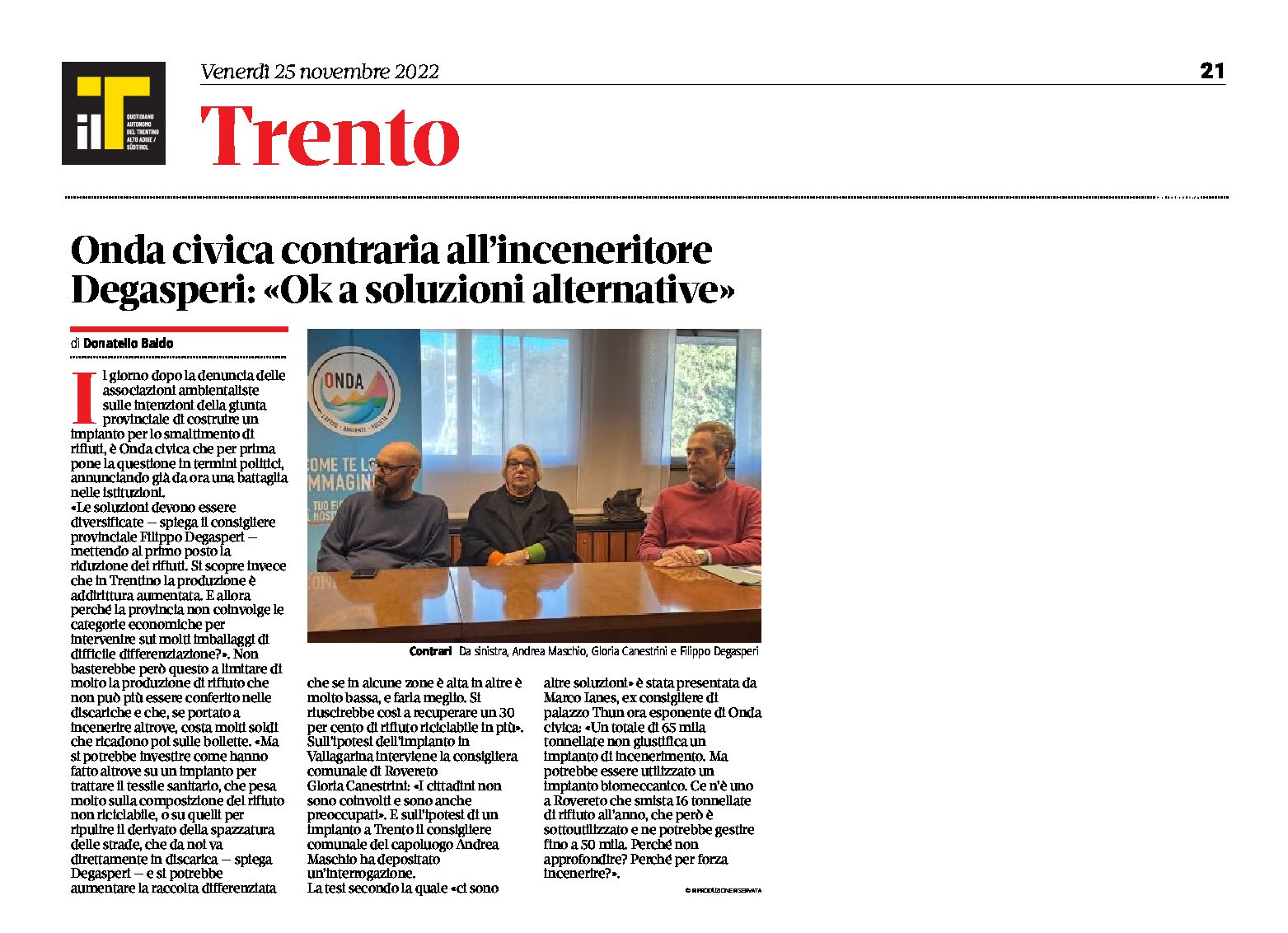Trento, inceneritore: Onda civica contraria. Degasperi ok a soluzioni alternative