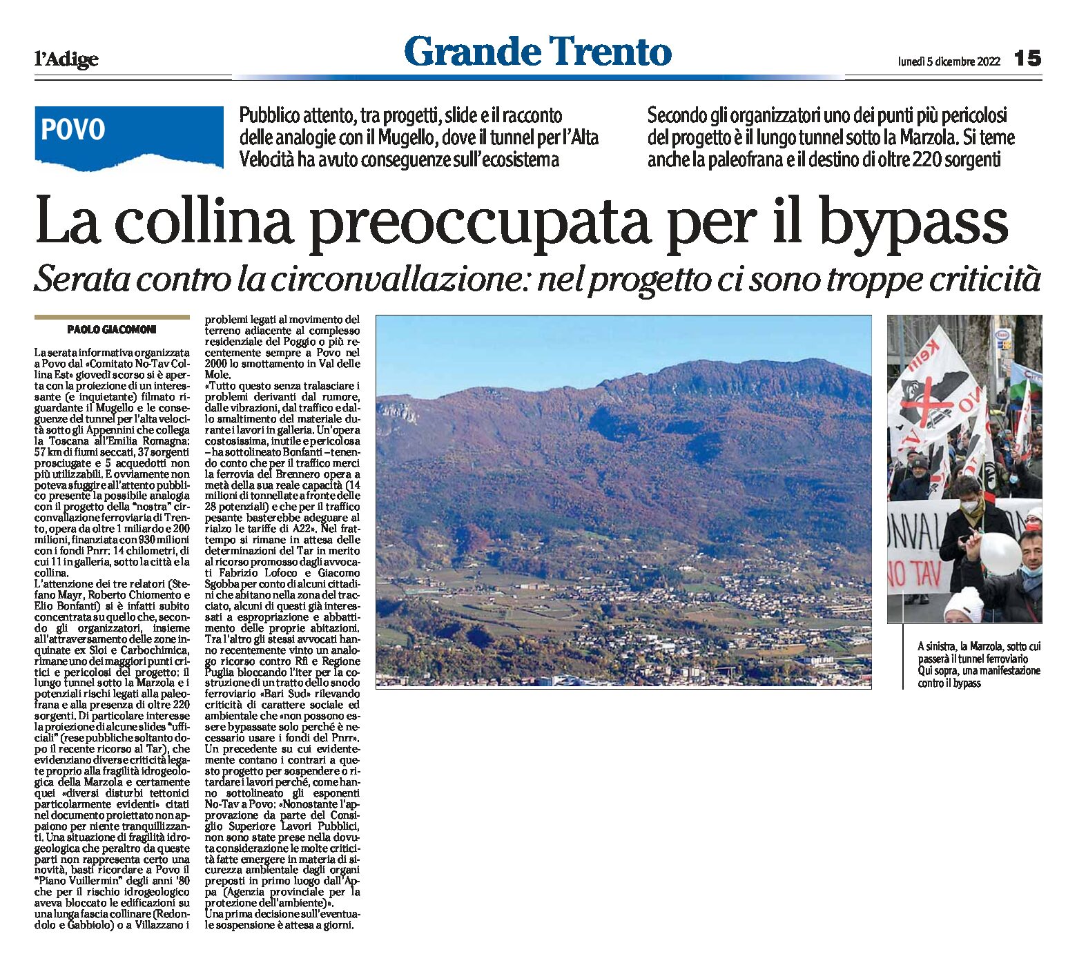 Trento: la collina preoccupata per il bypass: Serata a Povo contro la circonvallazione