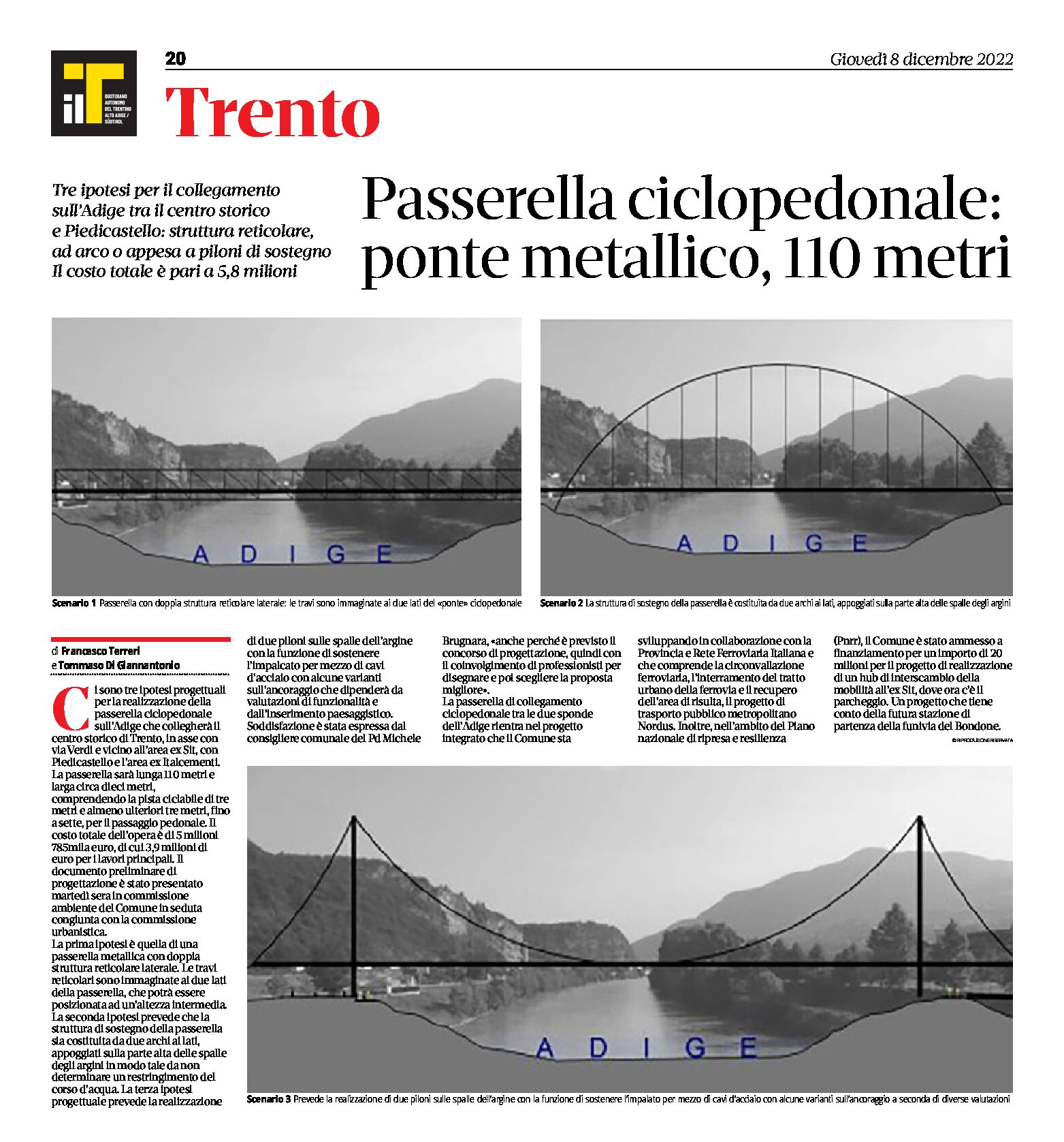 Trento, passerella ciclopedonale sull’Adige: tre ipotesi per il collegamento centro storico-Piedicastello