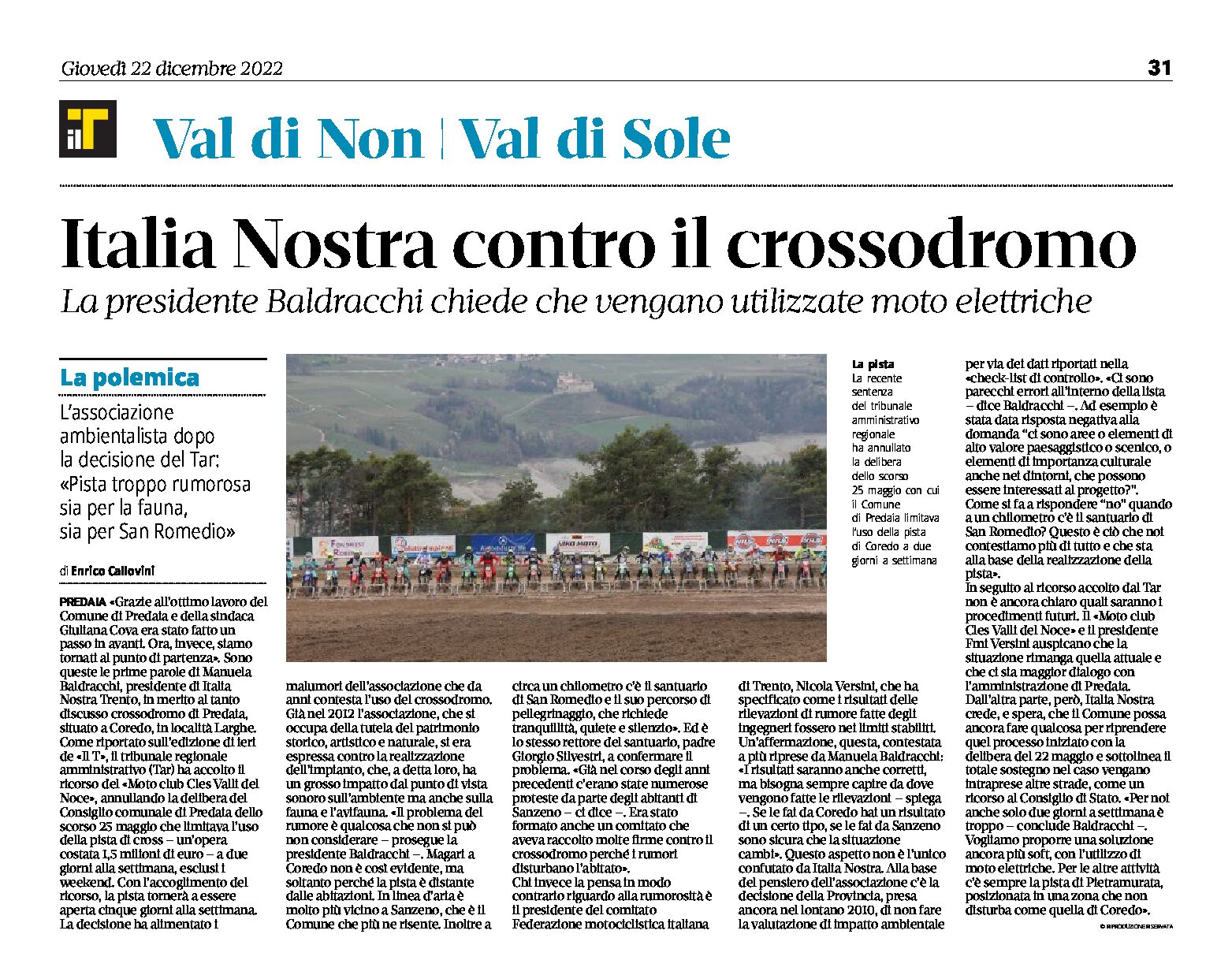 Predaia: Italia Nostra contro il crossodromo. Baldracchi chiede che vengano utilizzate moto elettriche