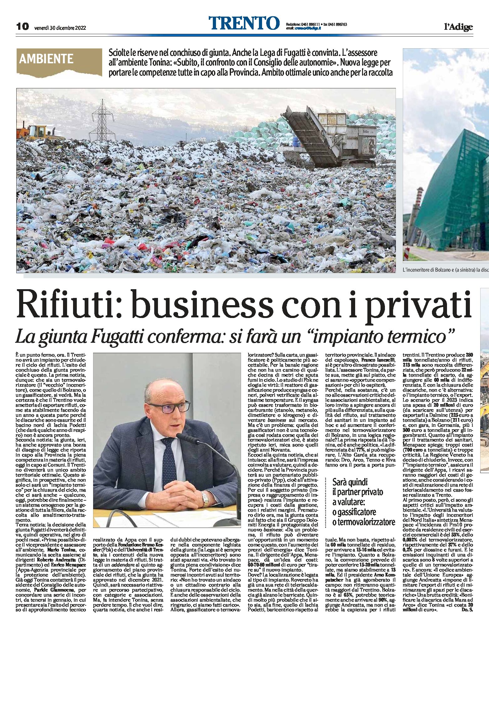 Trentino, rifiuti: la giunta Fugatti conferma “si farà un impianto termico”