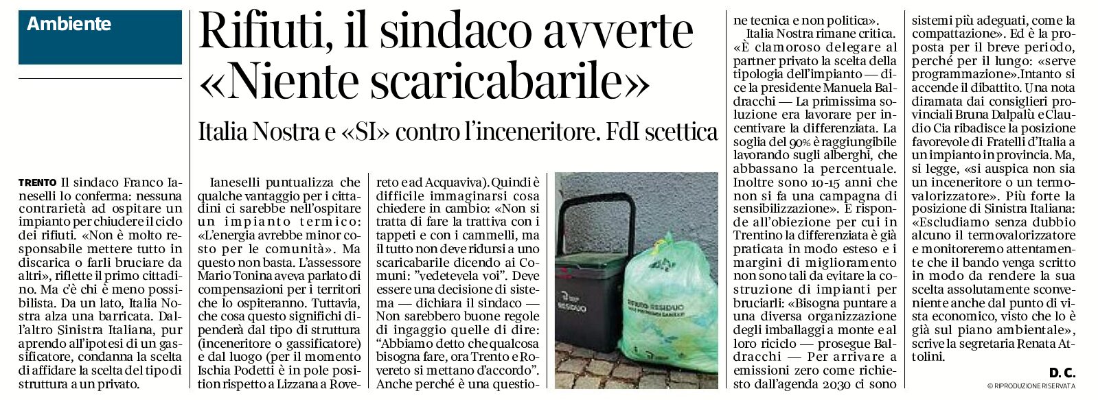 Trentino, rifiuti: Italia Nostra e SI contro l’inceneritore