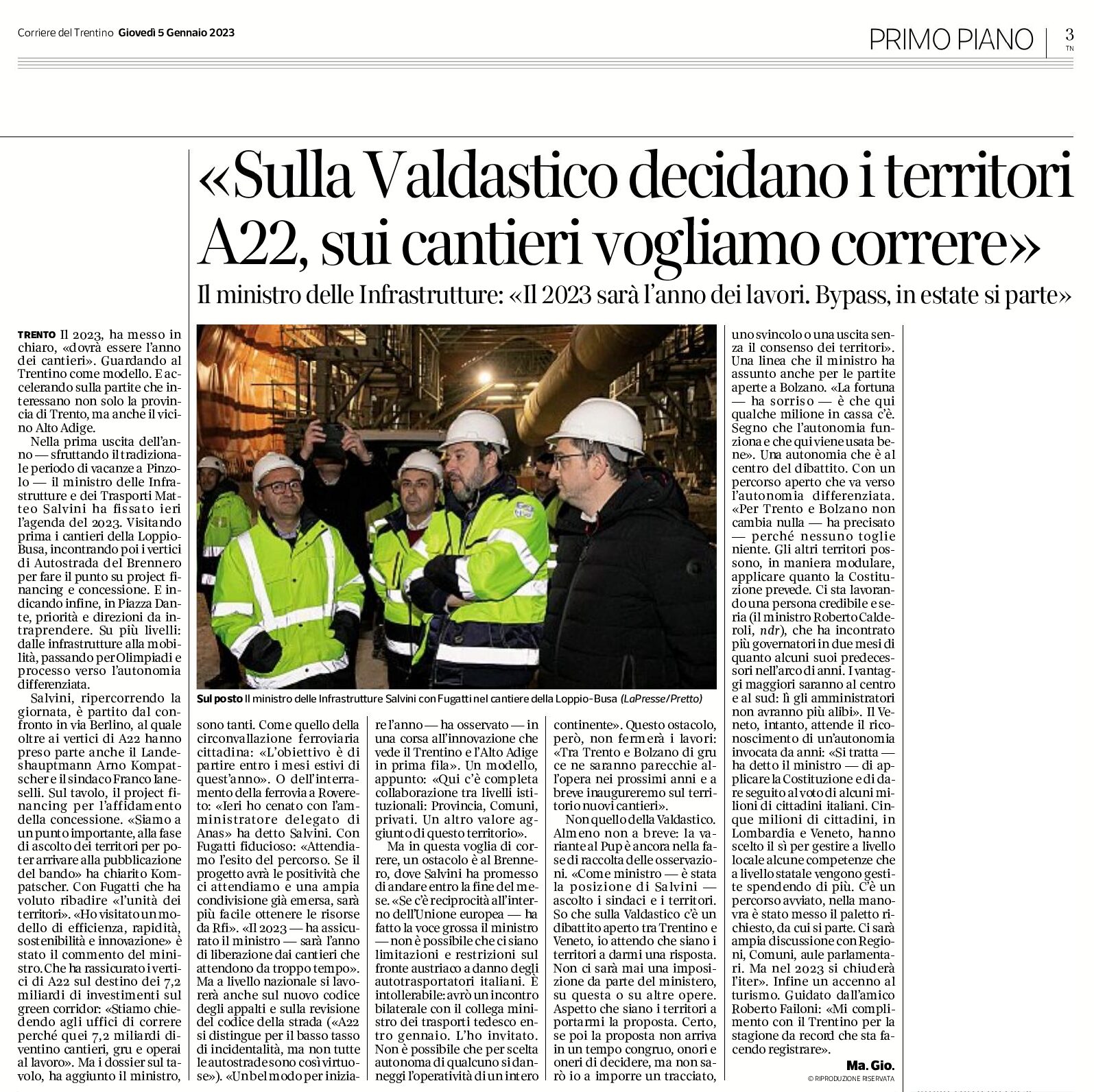 Sulla Valdastico: Salvini “decidano i territori”