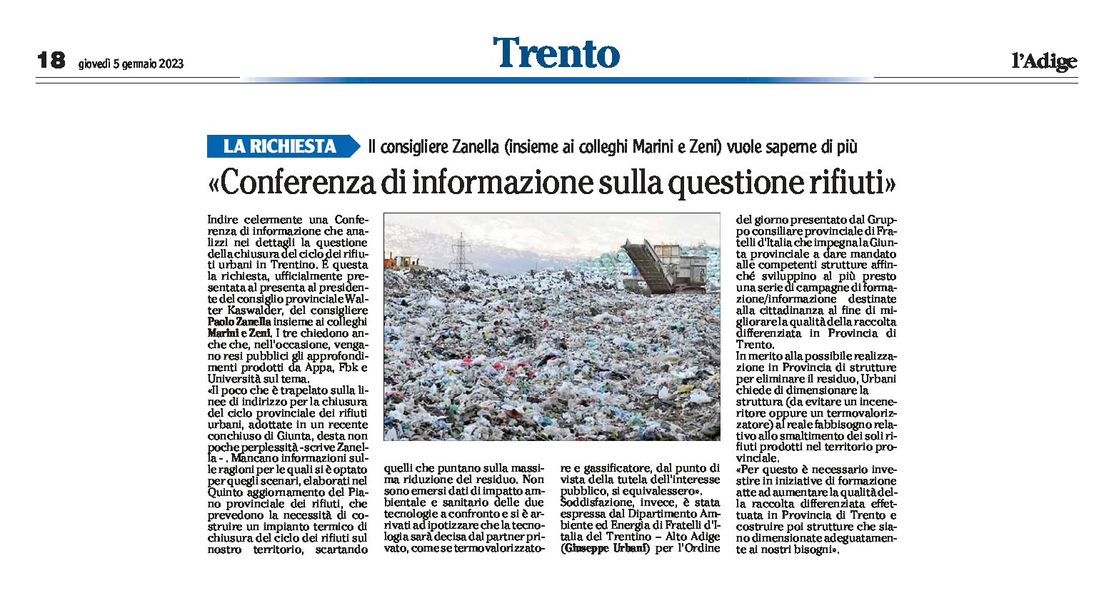 Trento: richiesta una Conferenza di informazione sulla questione dei rifiuti