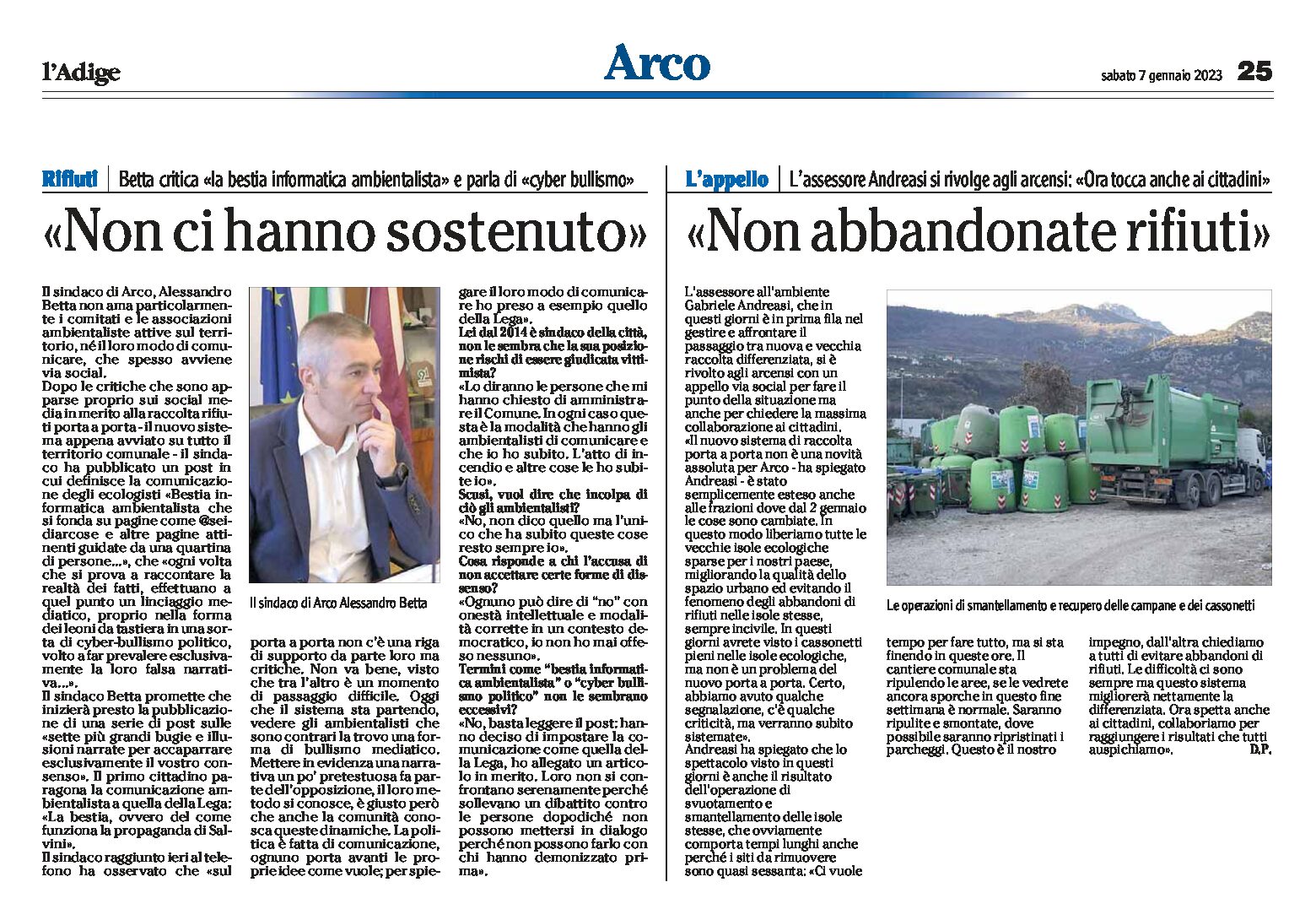 Arco, rifiuti: Betta critica gli ambientalisti e Andreasi si appella agli arcensi “non abbandonate rifiuti”