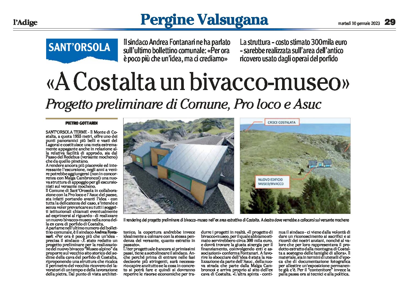 Sant’Orsola: rendering di un bivacco-museo a Costalta nella zona ex cava di porfido
