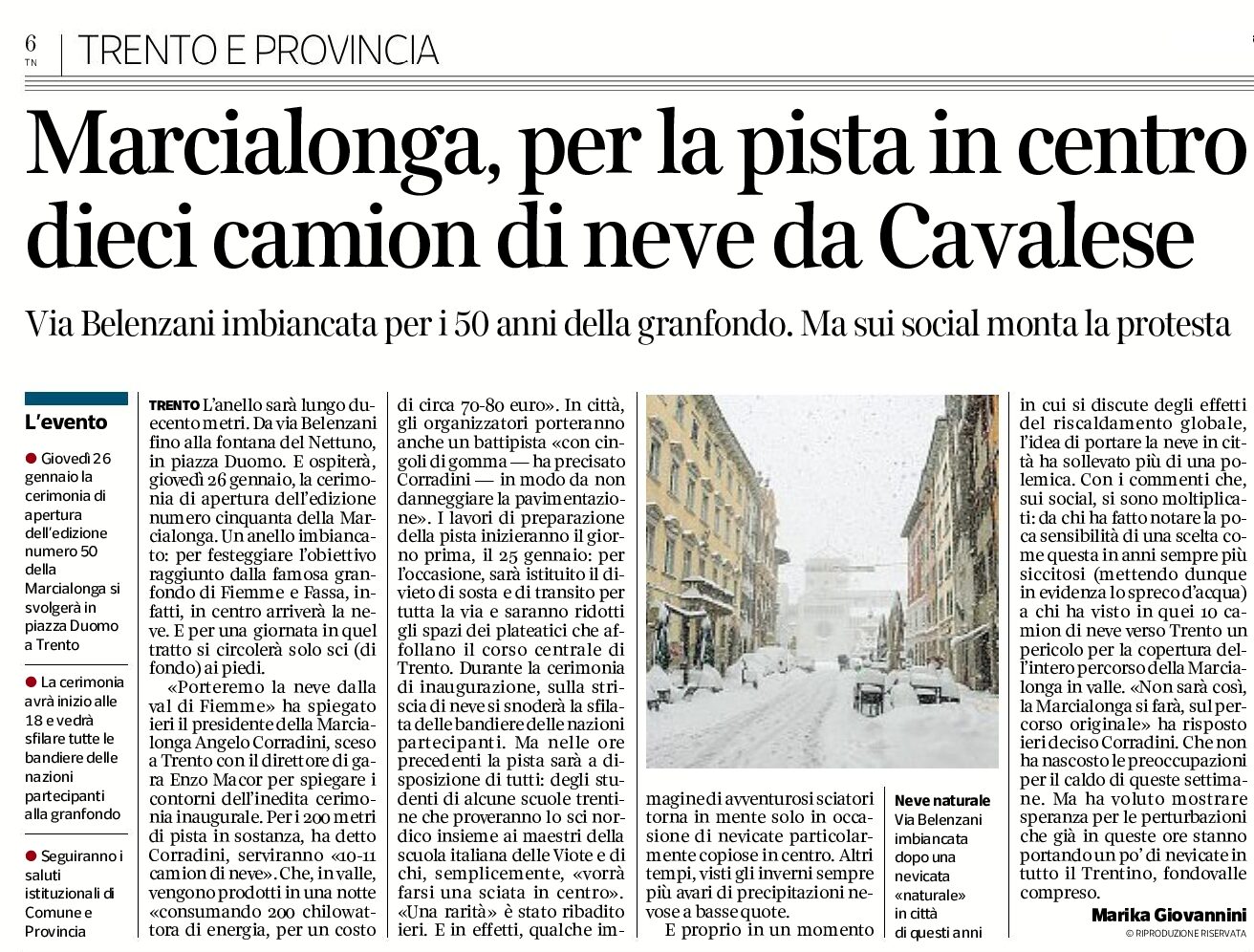 Trento, Marcialonga: per la pista in centro, dieci camion di neve da Cavalese