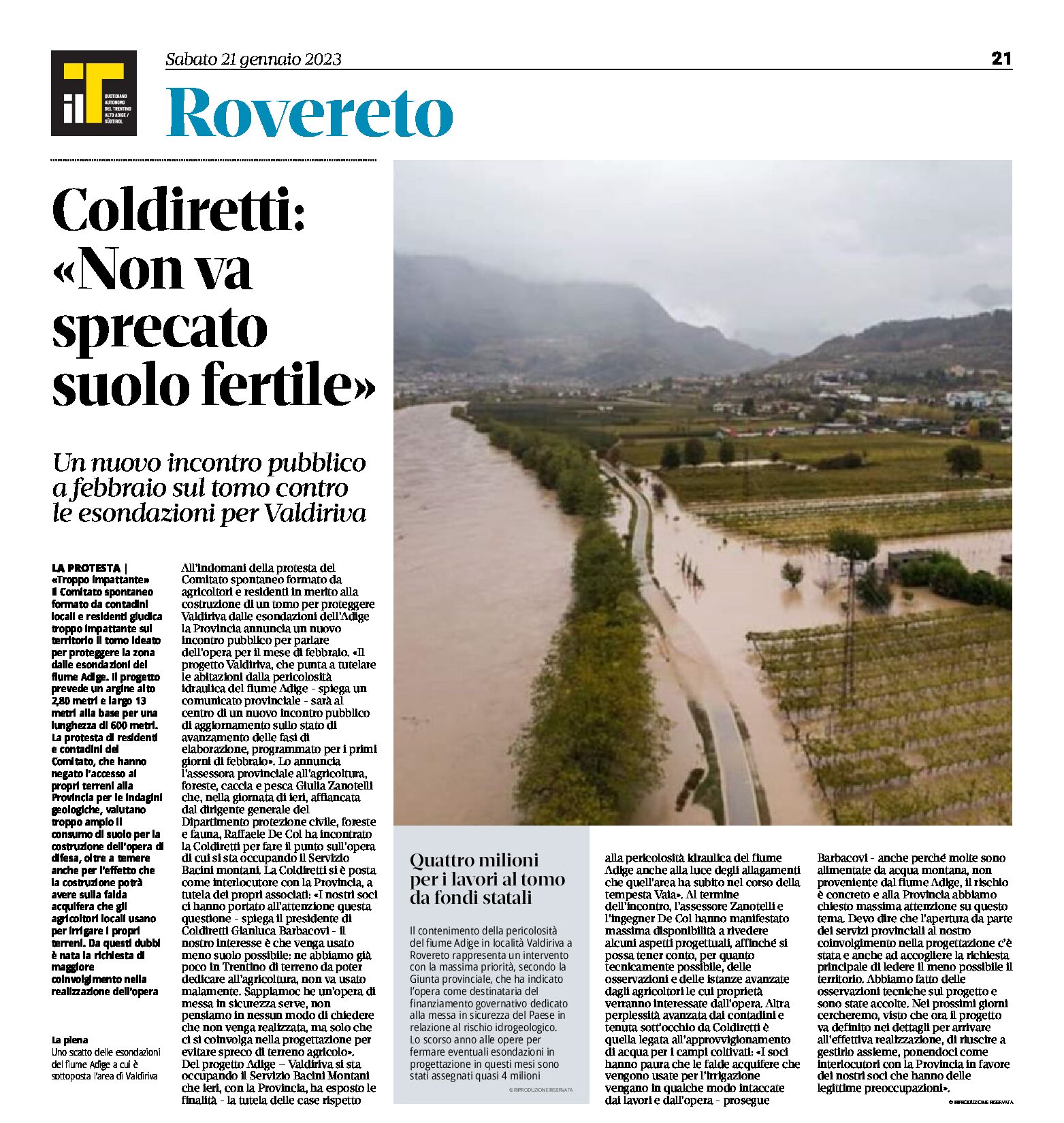Rovereto, Coldiretti: “non va sprecato suolo fertile”. Incontro pubblico sul tomo per Valdiriva