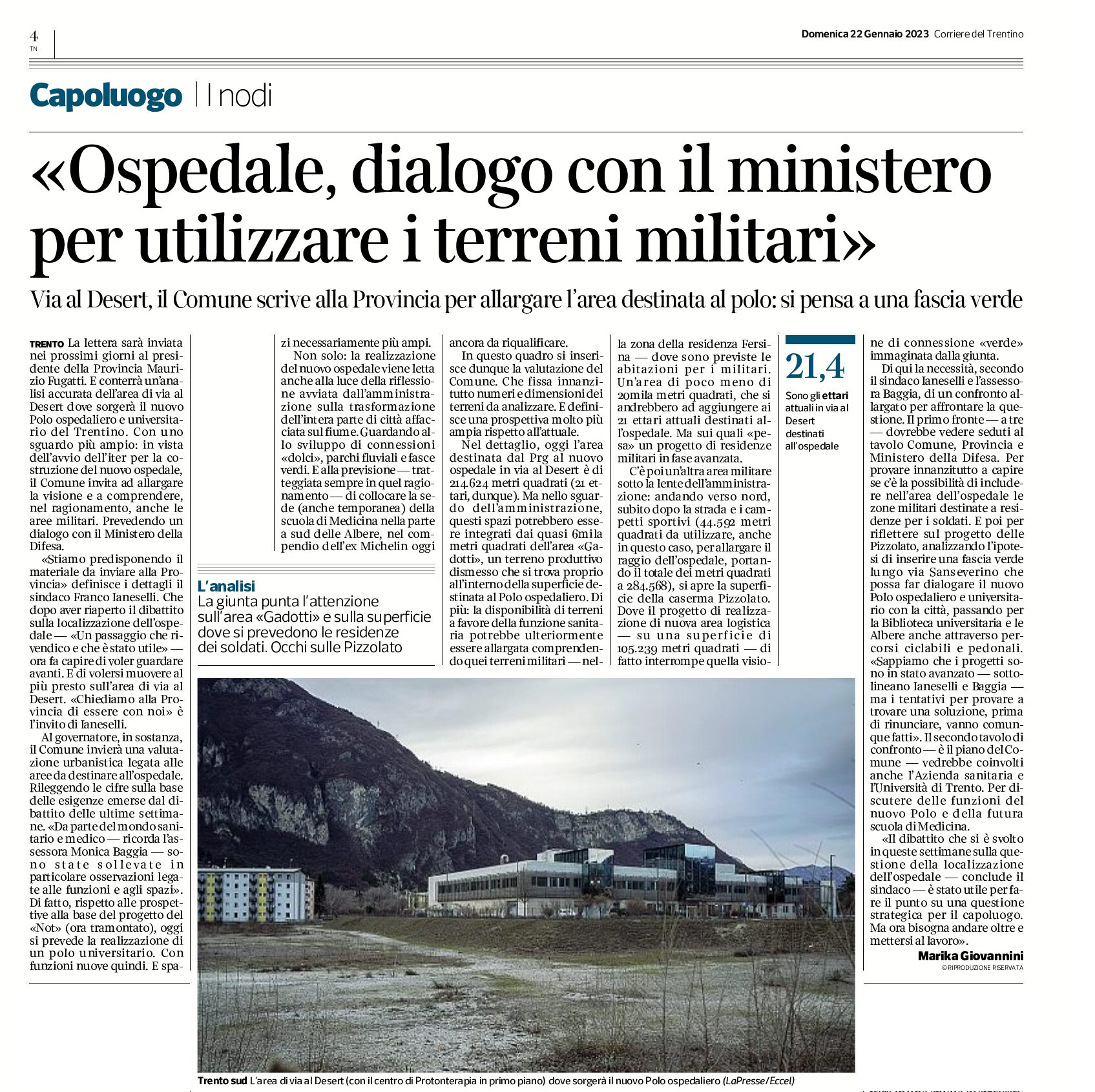 Trento, nuovo ospedale: dialogo con il ministero per utilizzare i terreni militari