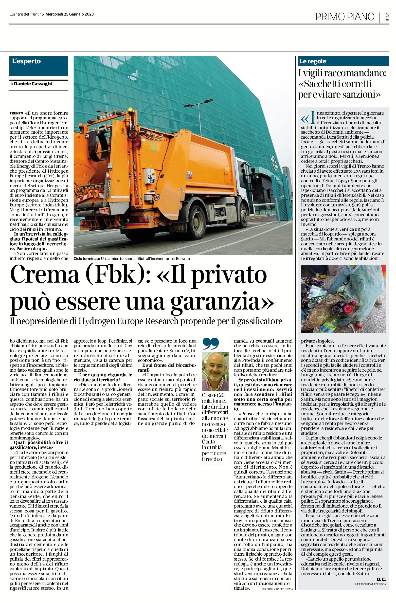 Trentino: intervista a Crema (Fbk). Privato e gassificatore