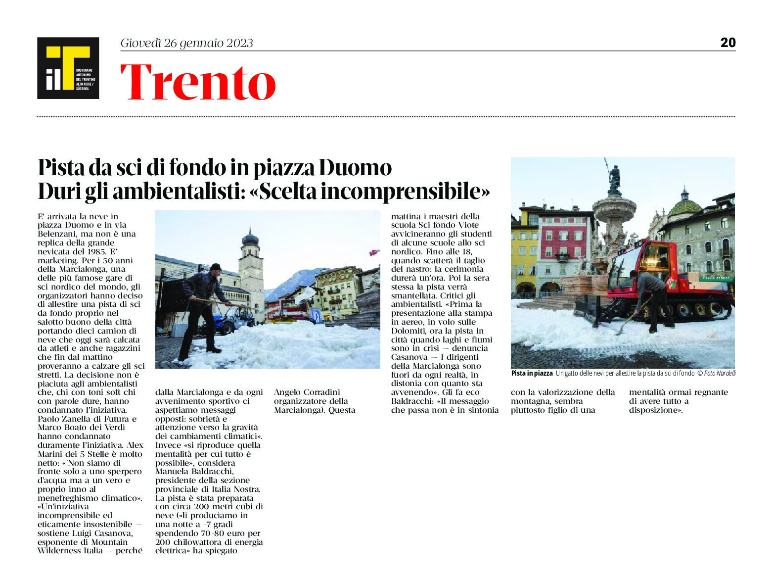 Trento, Marcialonga: pista da sci di fondo in piazza Duomo. Ambientalisti “scelta incomprensibile”