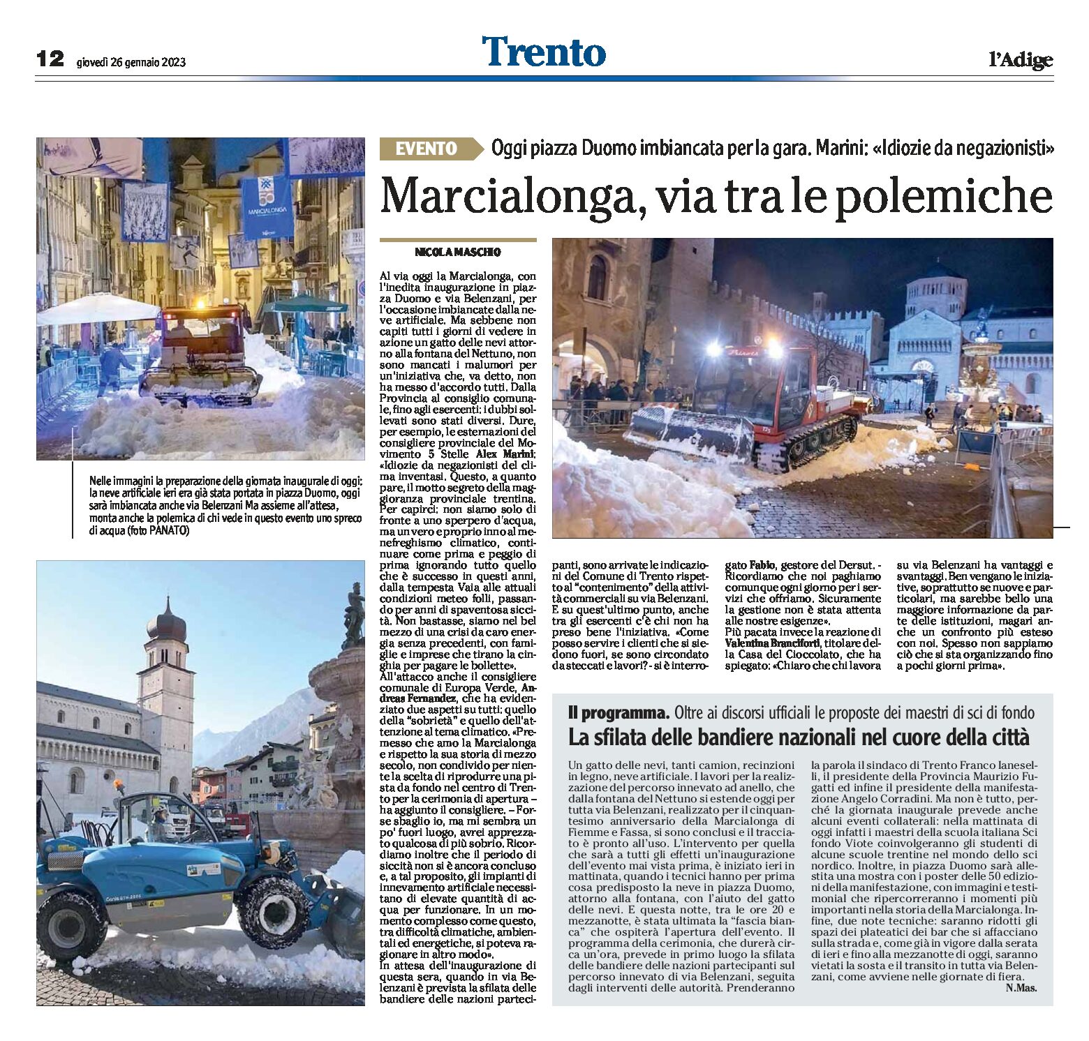 Trento, Marcialonga: piazza Duomo imbiancata per la gara, via tra le polemiche