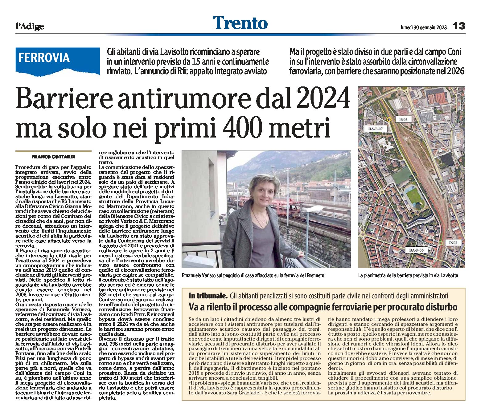 Trento, ferrovia: barriere antirumore dal 2024 ma solo nei primi 400 metri