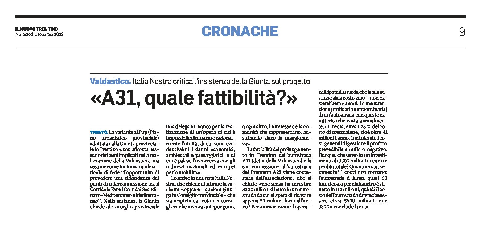 Valdastico: Italia Nostra critica l’insistenza della Giunta sul progetto