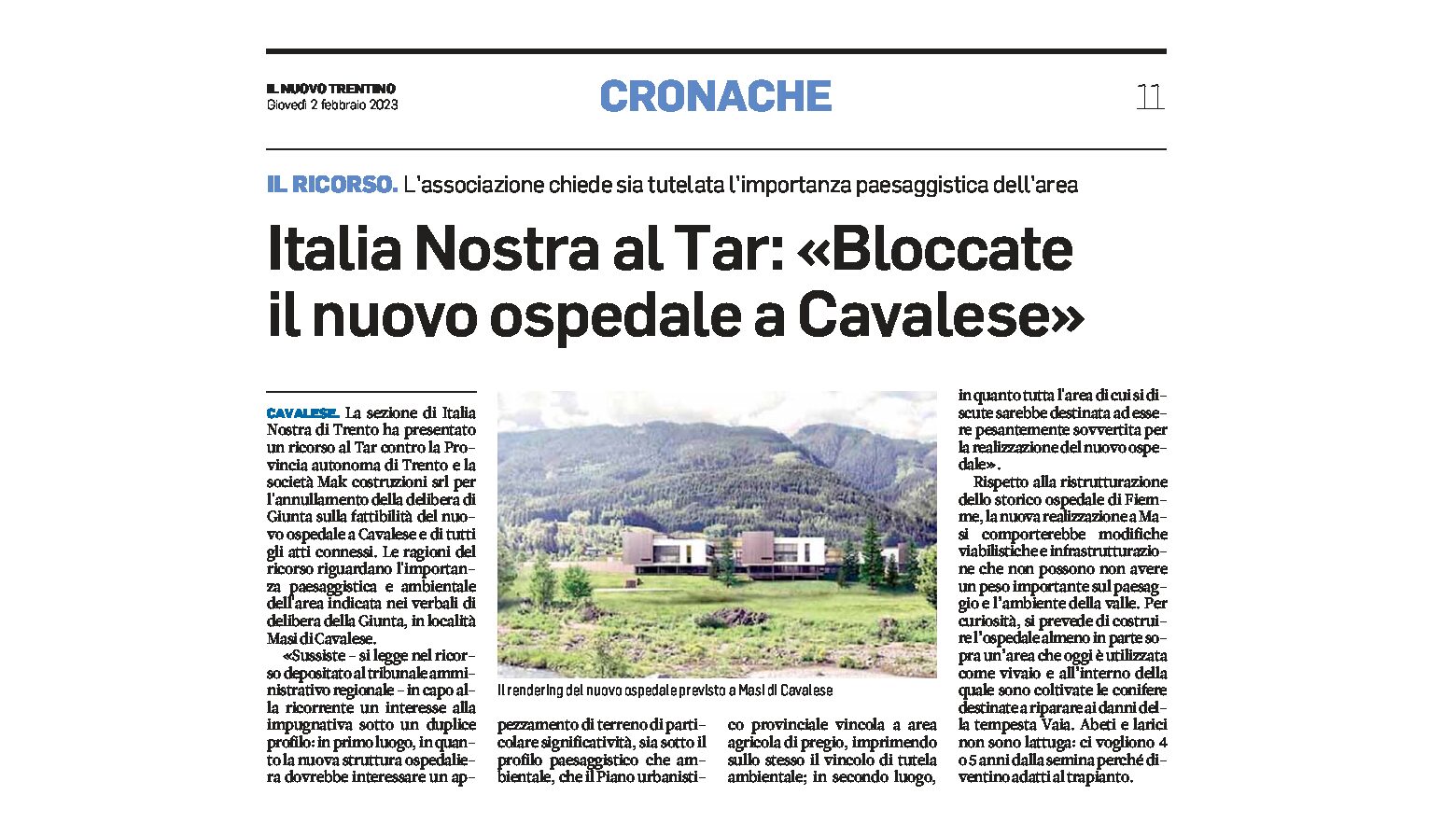 Italia Nostra al Tar: “bloccate il nuovo ospedale a Cavalese”