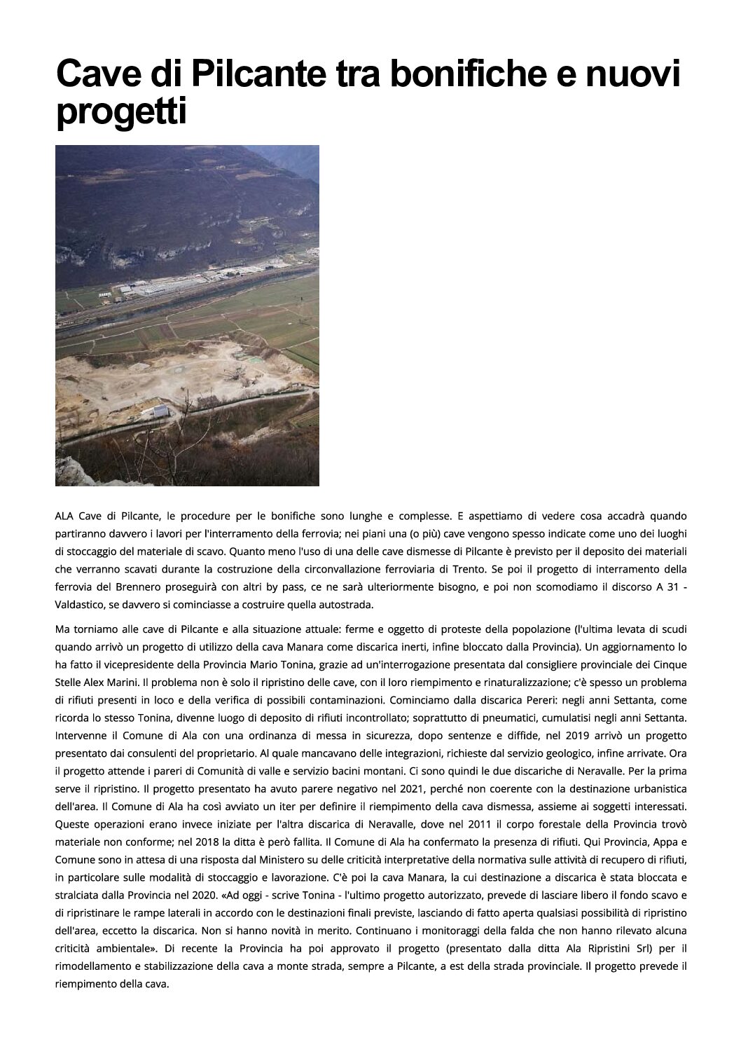 Ala, cave di Pilcante: tra bonifiche e nuovi progetti