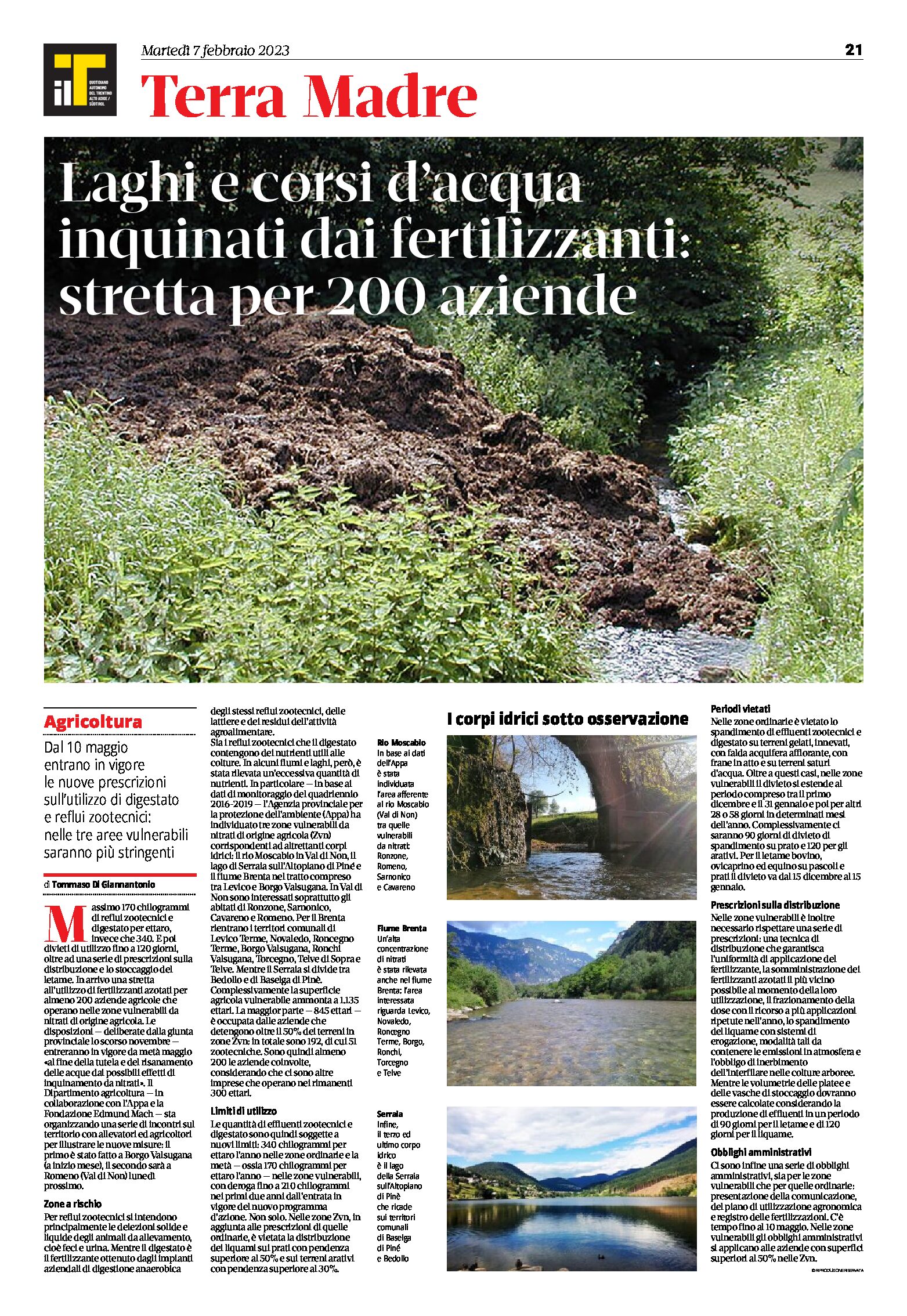 Trentino: laghi e corsi d’acqua inquinati dai fertilizzanti. Stretta per 200 aziende