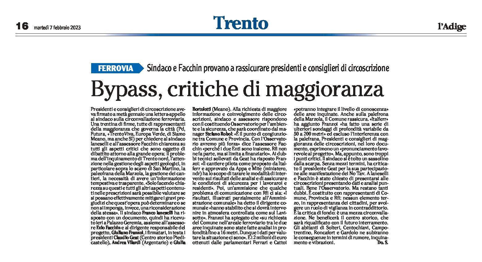 Trento, bypass ferroviario: critiche di maggioranza