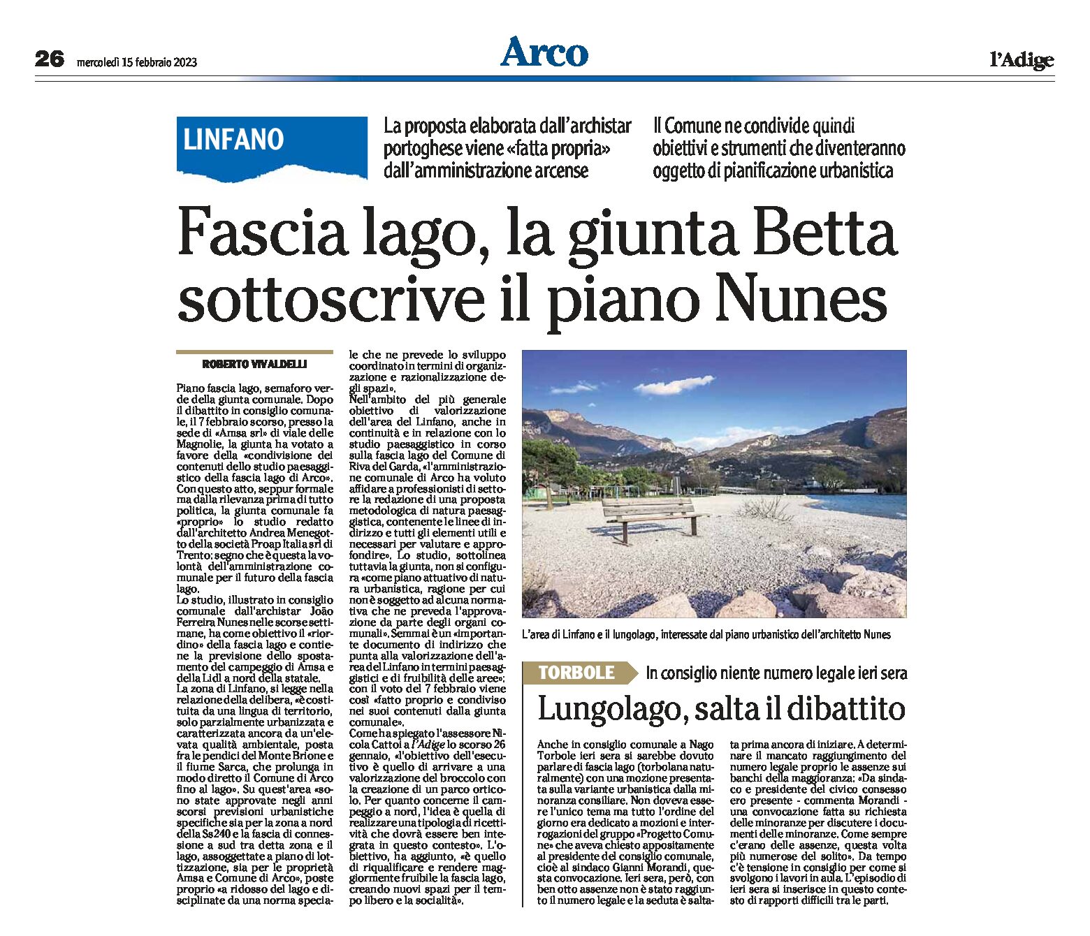 Linfano, fascia lago: la giunta Betta sottoscrive il piano Nunes