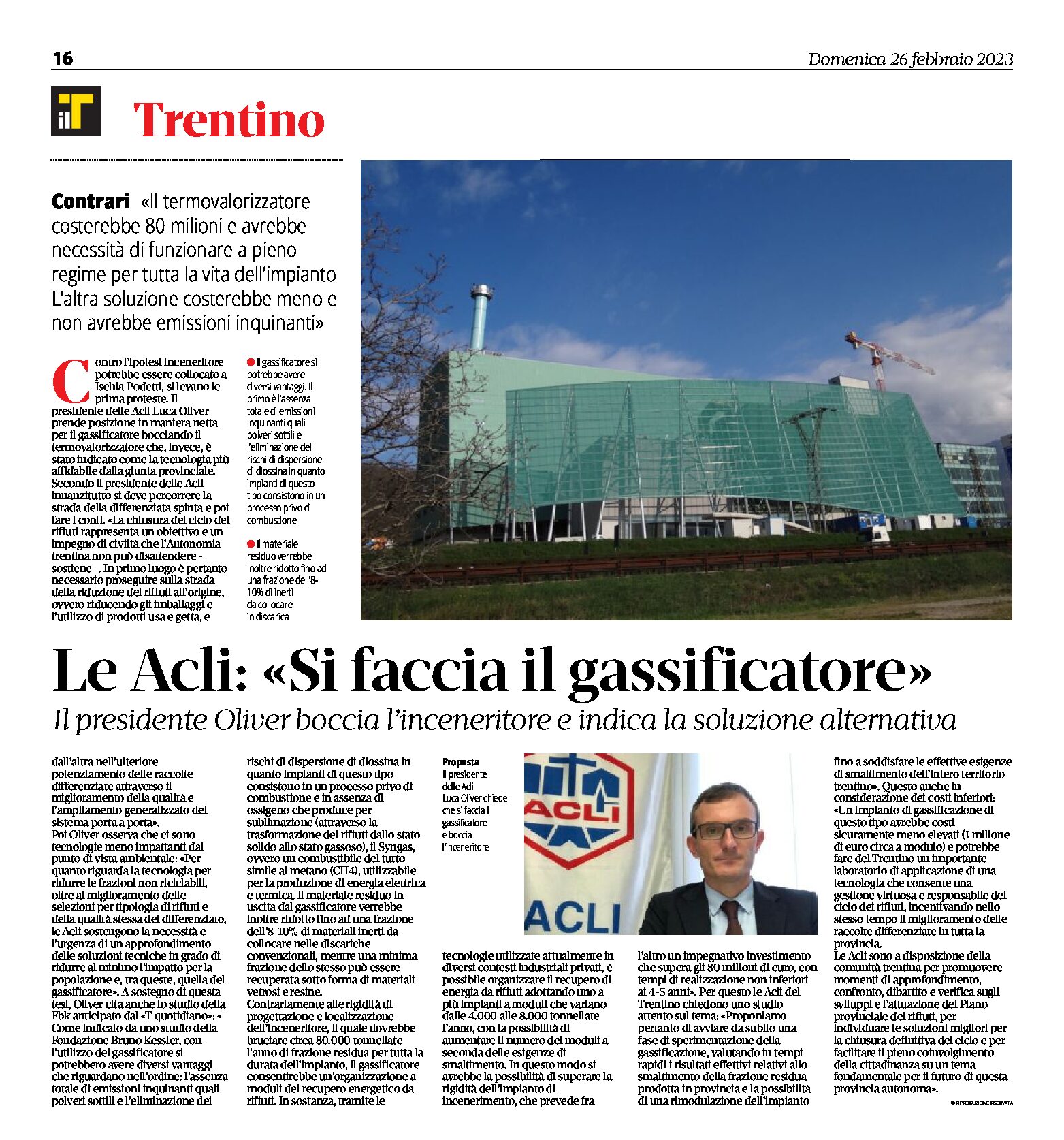 Trentino, le Acli: Oliver boccia l’inceneritore e indica il gassificatore come alternativa