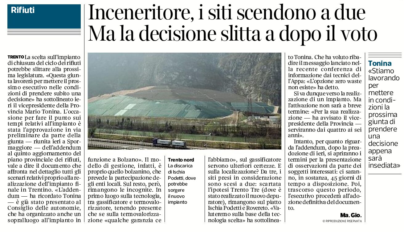 Trentino, inceneritore: i siti scendono a due, Ischia Podetti o Rovereto
