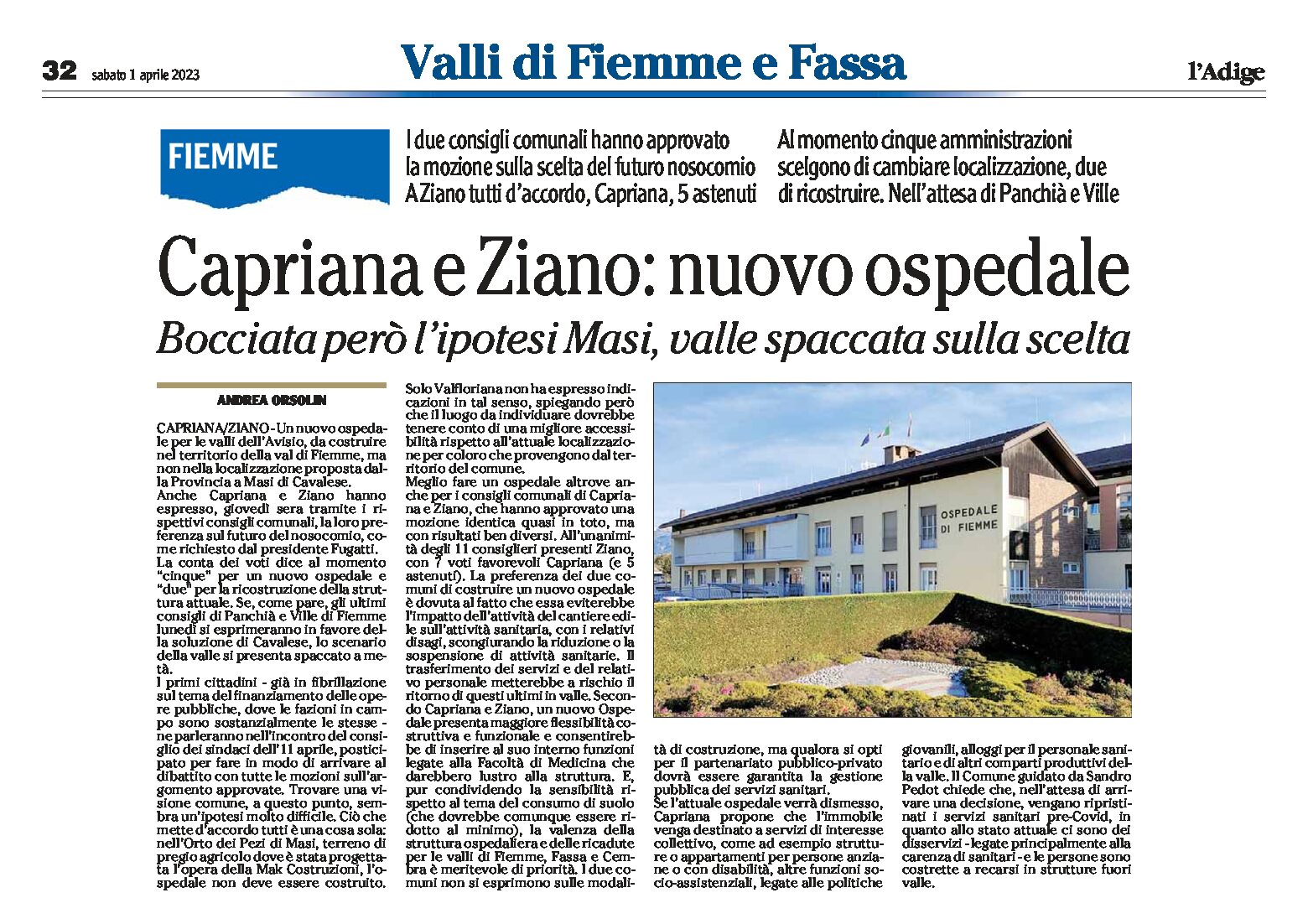 Capriana e Ziano: nuovo ospedale, in Fiemme, ma no a Masi