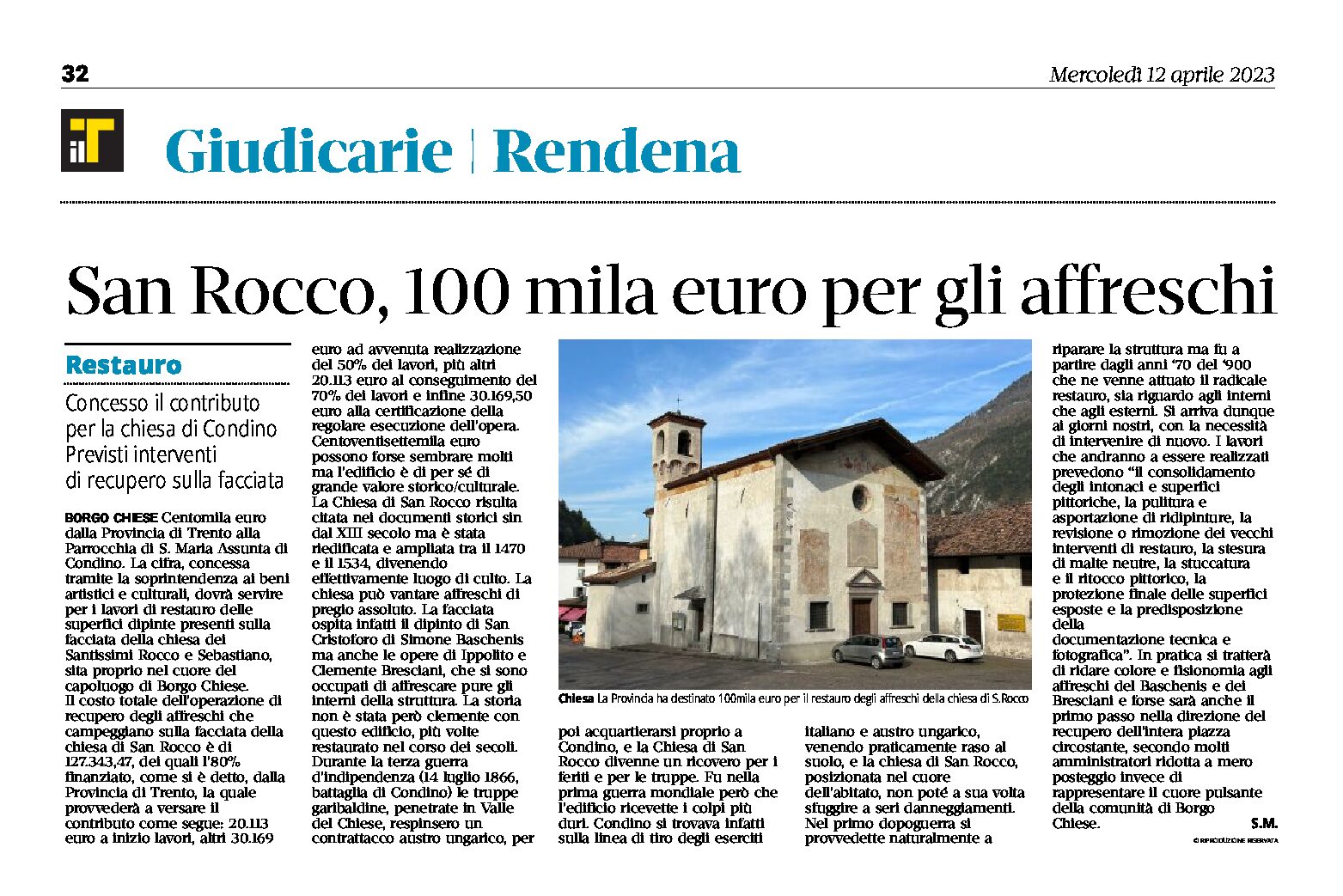 Borgo Chiese: chiesa di San Rocco, restauro, 100mila euro per gli affreschi