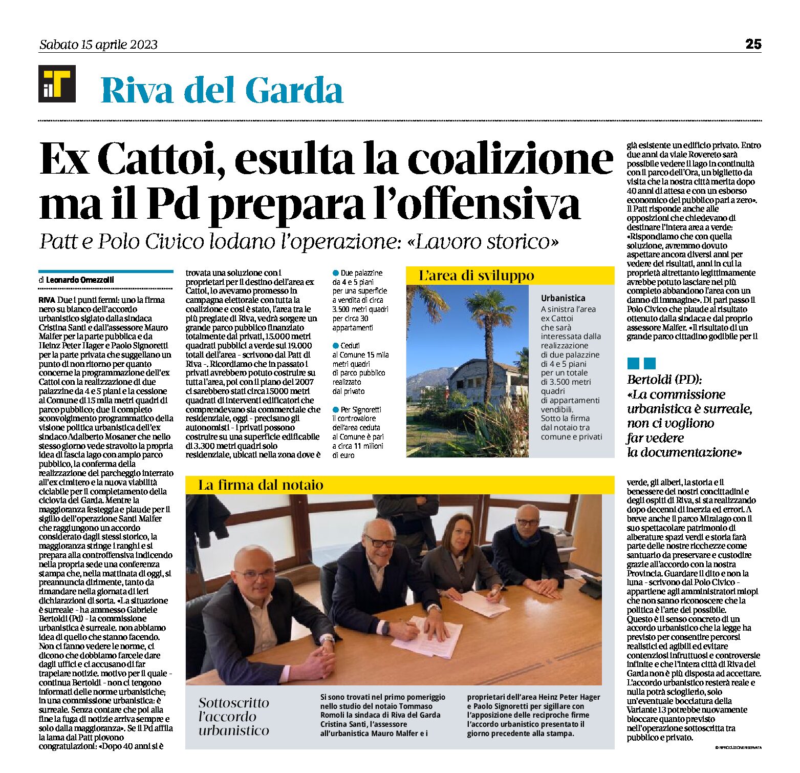 Riva, ex Cattoi: esulta la coalizione, sottoscritto l’accordo urbanistico