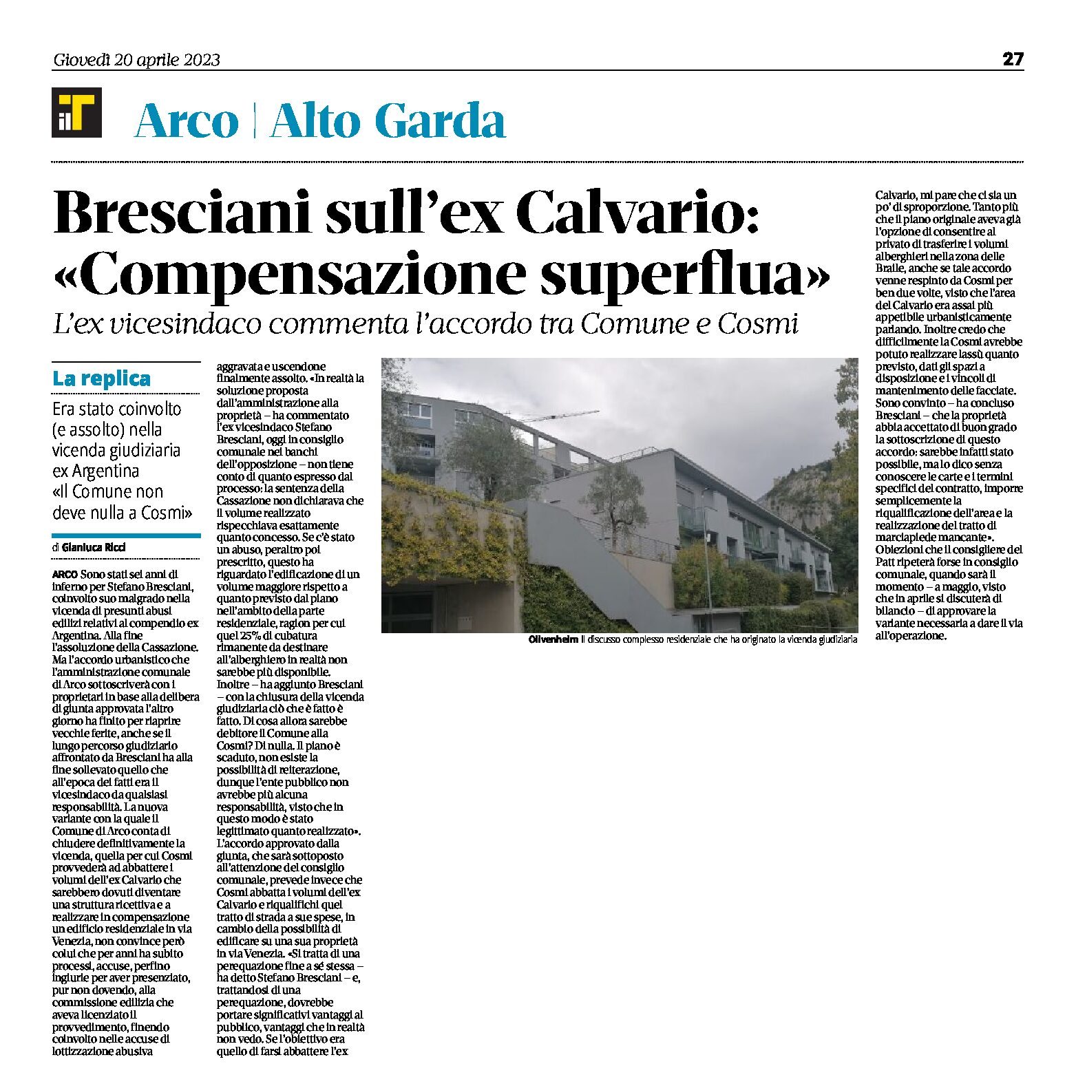 Arco, ex Calvario: Bresciani “compensazione superflua”