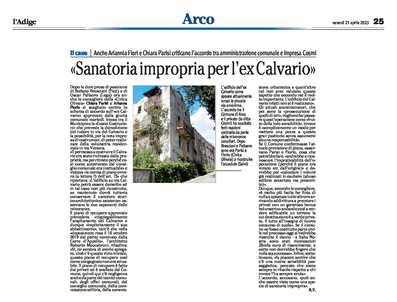 Arco, ex Calvario: “sanatoria impropria” anche Fiorio e Parisi criticano l’accordo