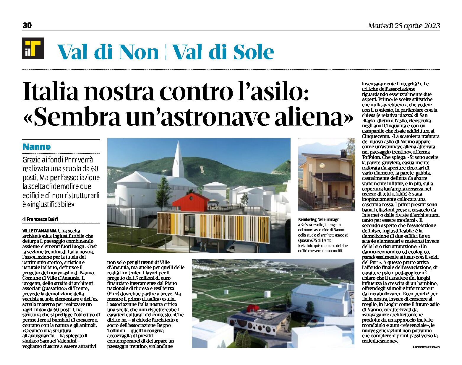 Italia Nostra: contro l’asilo di Nanno “sembra un’astronave aliena”