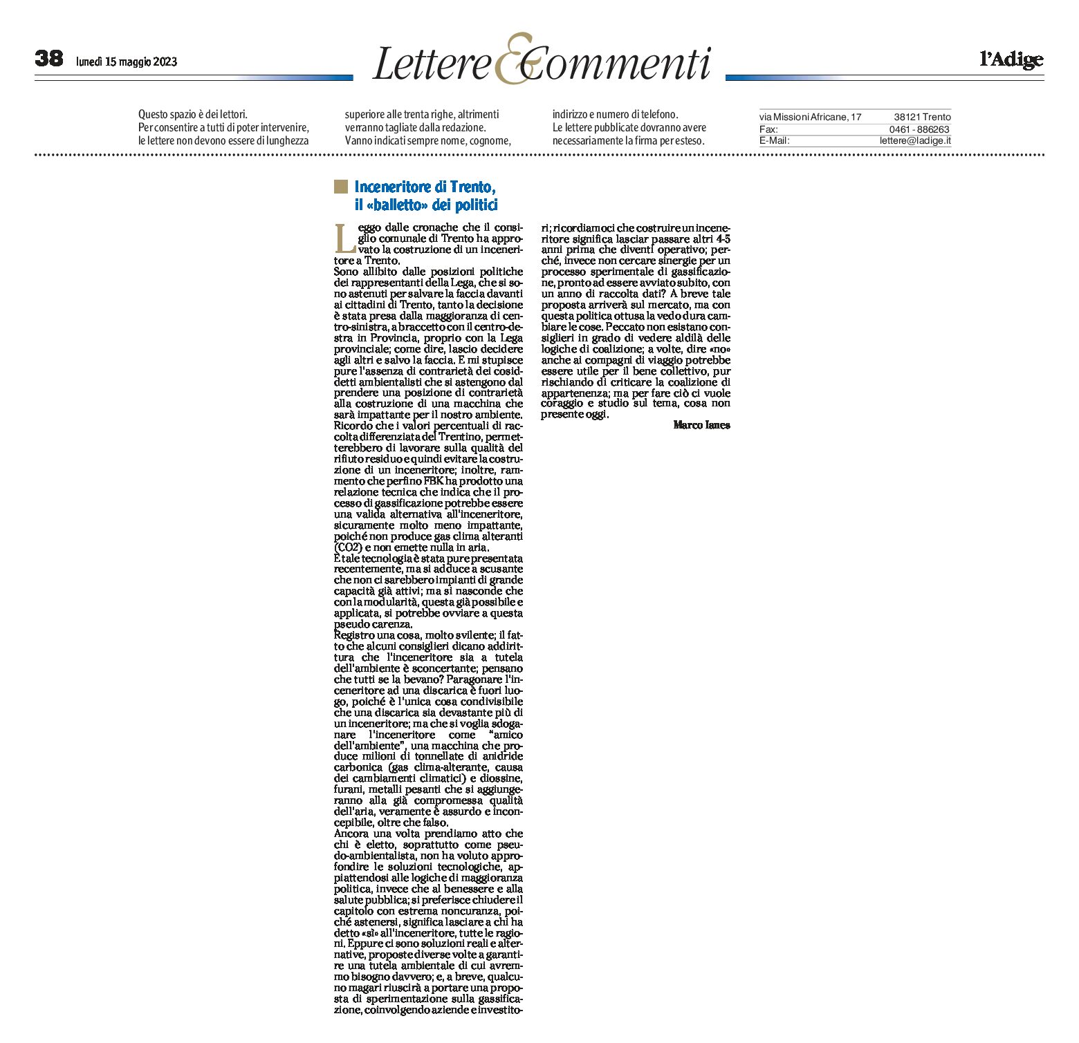 Trento: inceneritore, il “balletto” dei politici. Lettera di Ianes