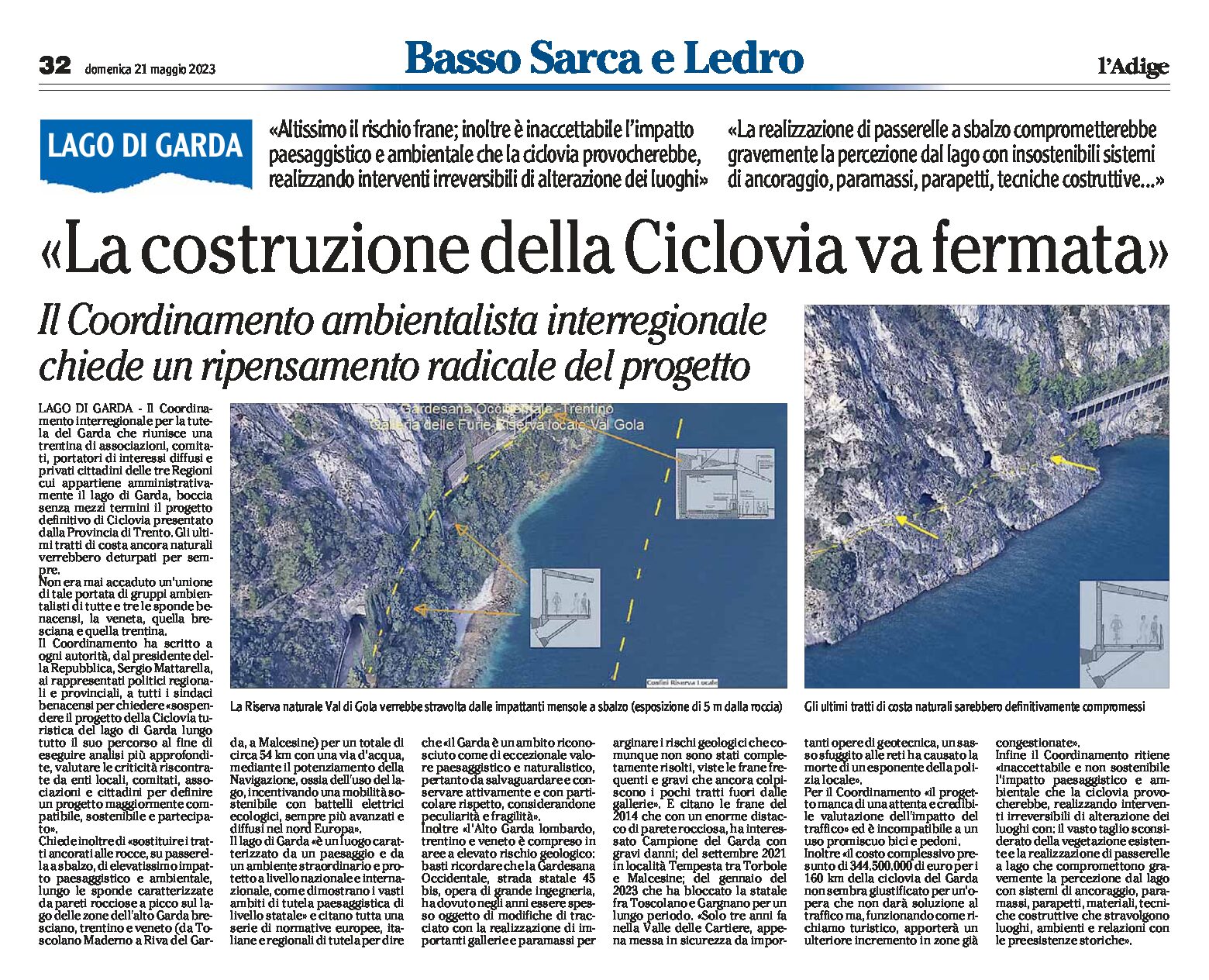 Ciclovia del Garda: il Coordinamento ambientalista interregionale boccia il progetto presentato dalla Provincia