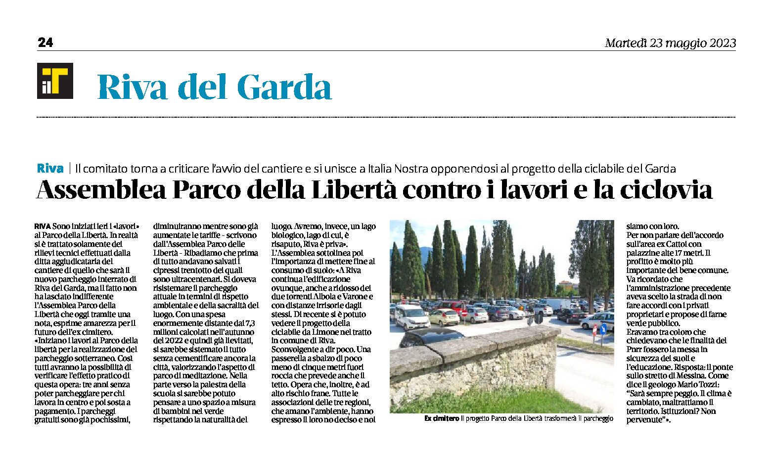 Riva: il comitato contro i lavori al Parco della Libertà per il nuovo parcheggio e con Italia Nostra contro la ciclovia del Garda