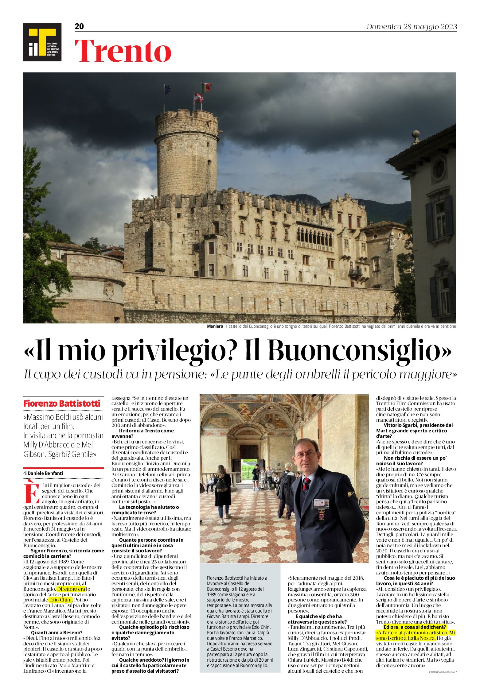 Castello del Buonconsiglio: intervista a Battistotti, capo dei custodi che va in pensione