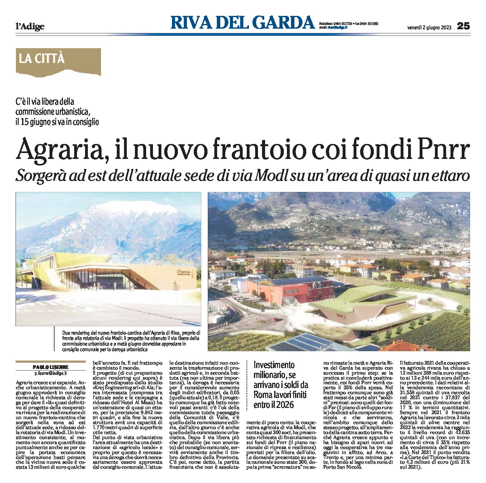 Riva, Agraria: il nuovo frantoio con i fondi Pnrr. Via libera della commissione urbanistica