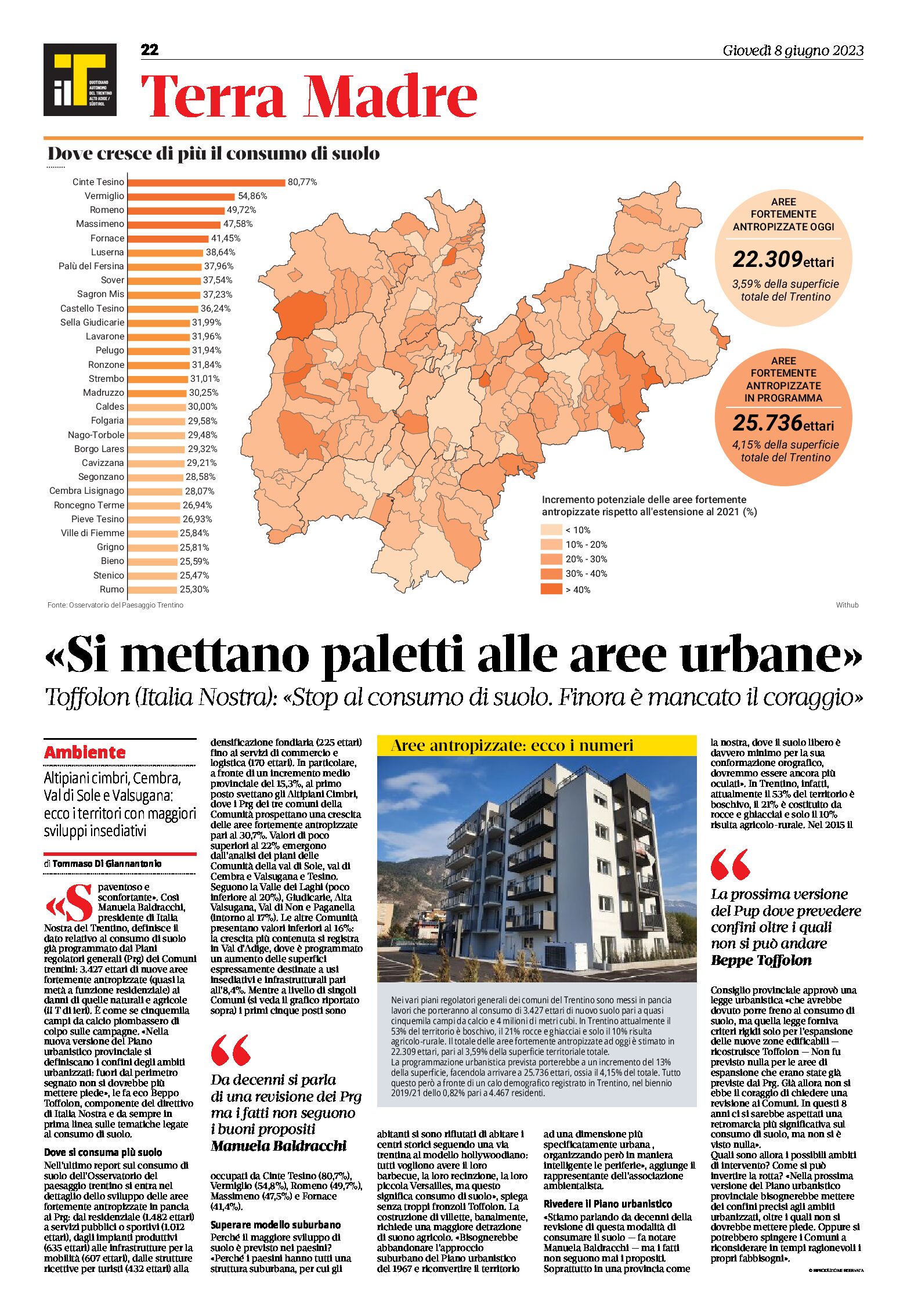 Trentino: dove cresce di più il consumo di suolo. Intervista a Italia Nostra (Baldracchi e Toffolon)