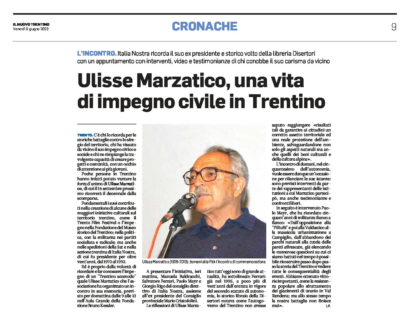 Italia Nostra: ricorda Ulisse Marzatico, una vita di impegno civile in Trentino