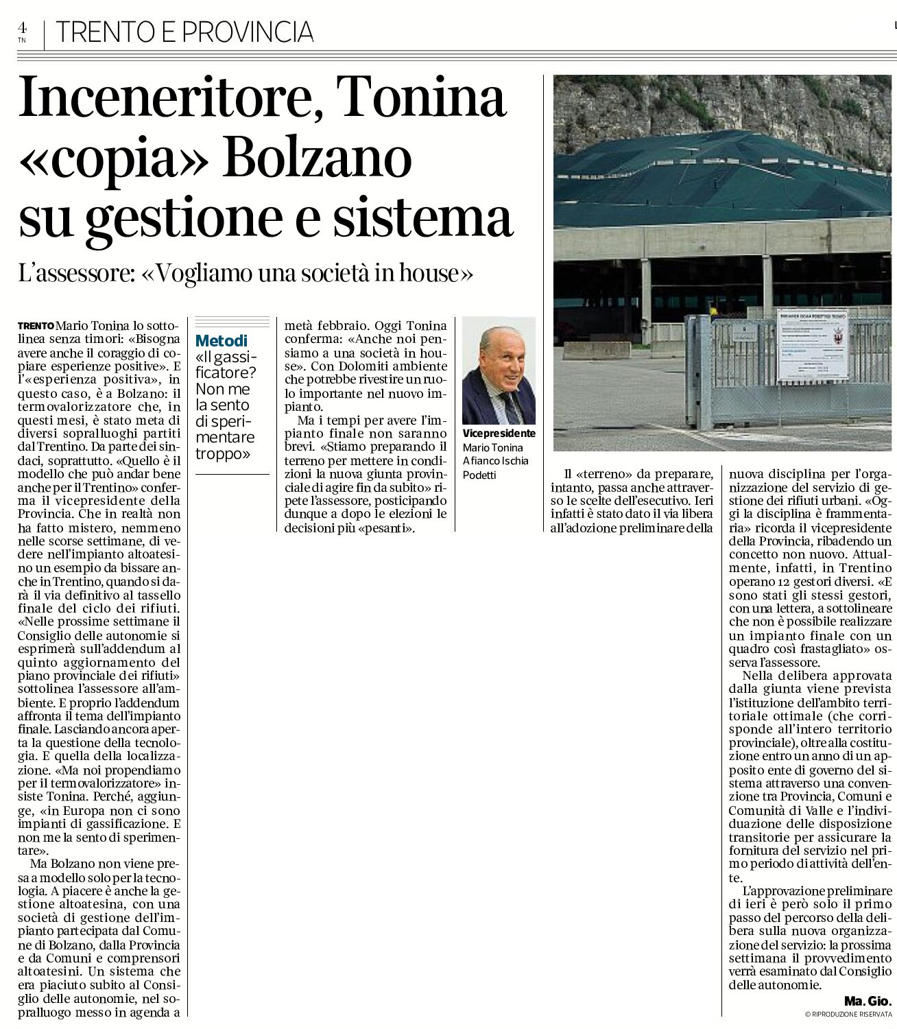 Inceneritore: Tonina “copia” Bolzano su gestione e sistema