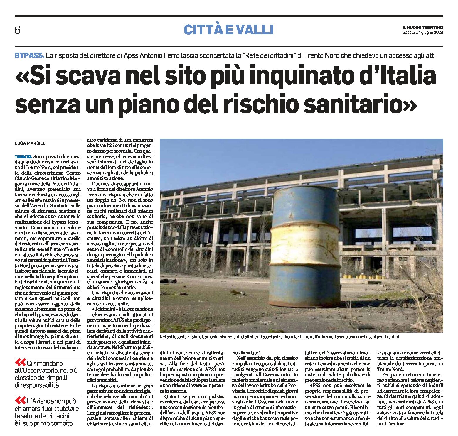 Trento, bypass: si scava nel sito più inquinato d’Italia senza un piano di rischio sanitario