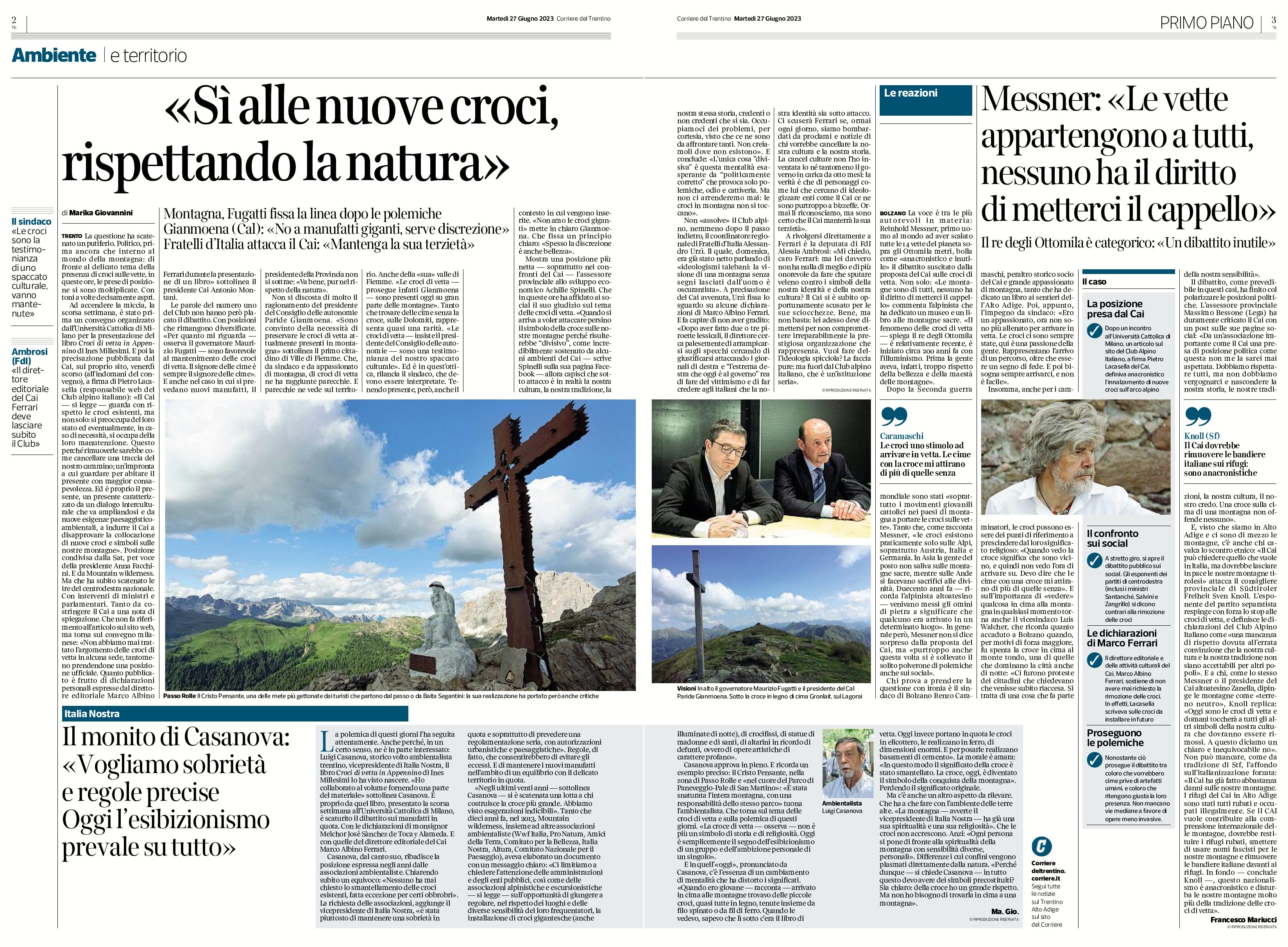 Nuove croci in montagna: le reazioni di Casanova (Italia Nostra), Messner e Fugatti