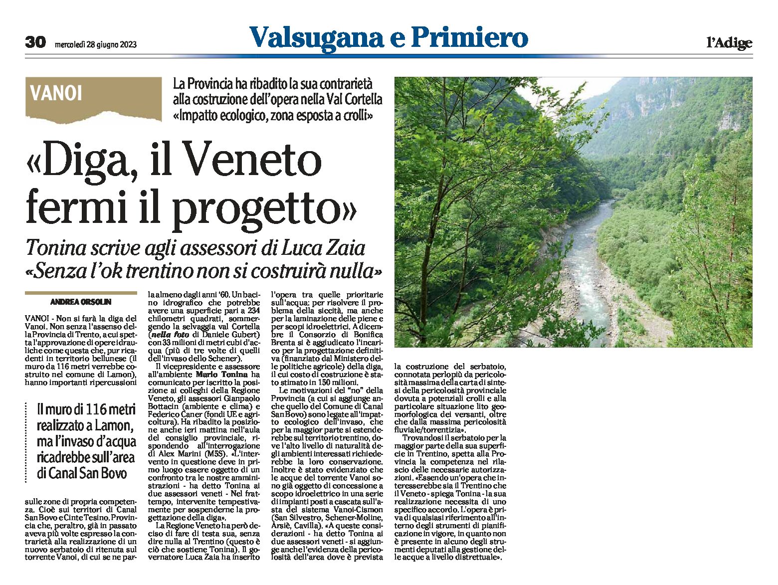Diga del Vanoi: “il Veneto fermi il progetto” Tonina scrive agli assessori di Zaia